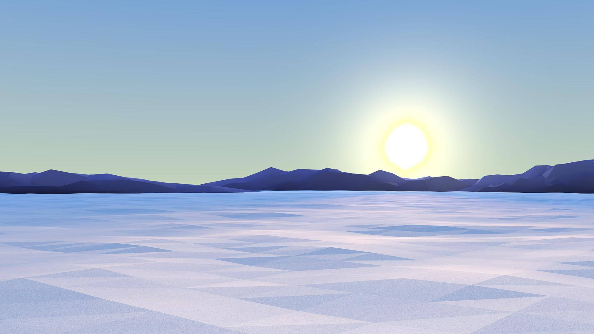 北極 桌布 壁紙 — 一個極簡的數位風景，雪覆蓋的平原上，明亮的太陽在遠方紫色山脈後落下。