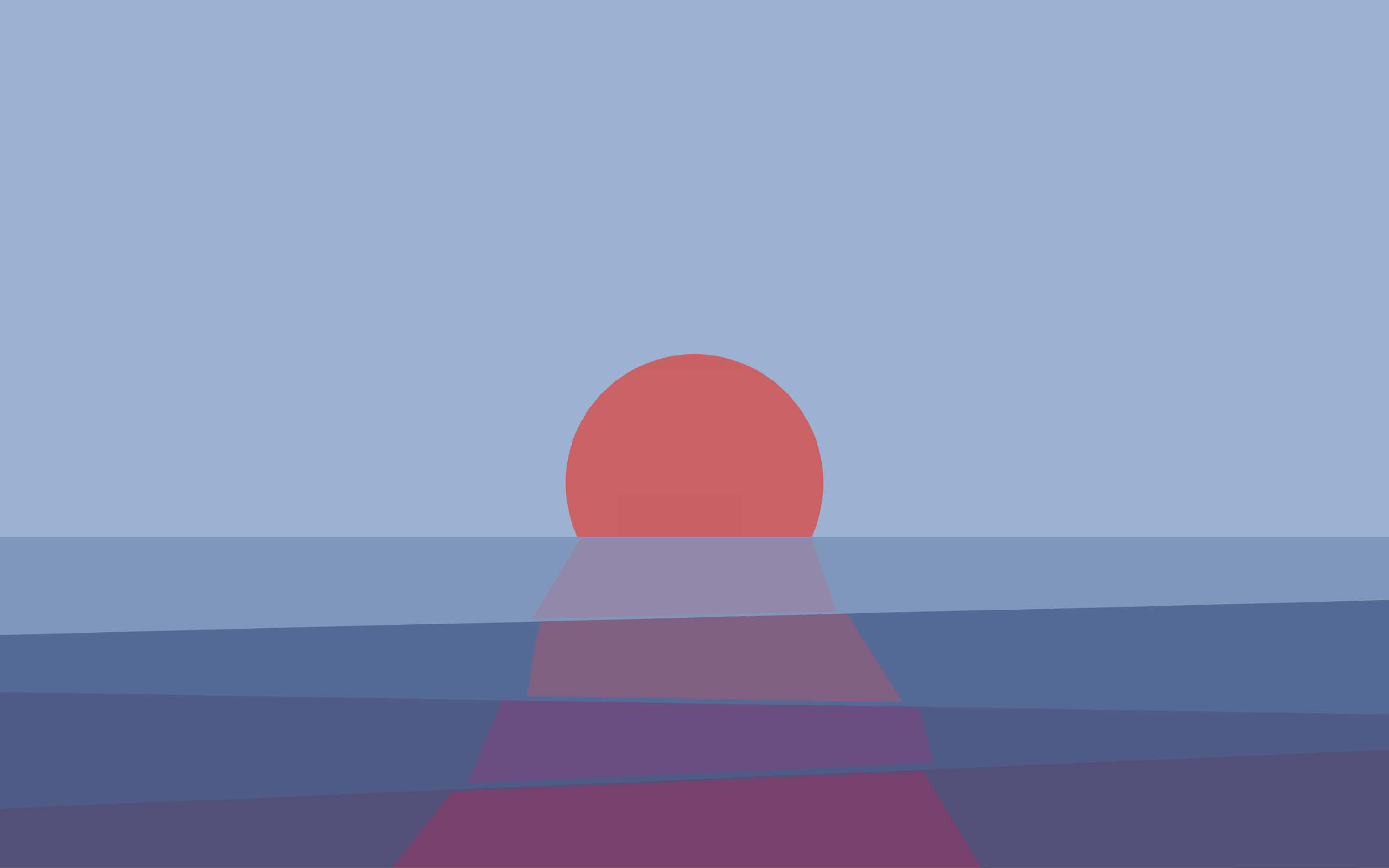 Sunset Aesthetic 桌布 壁紙 — 一個極簡的日落，紅色的太陽懸浮在代表水和天空的藍色和紫色水平分層帶上。