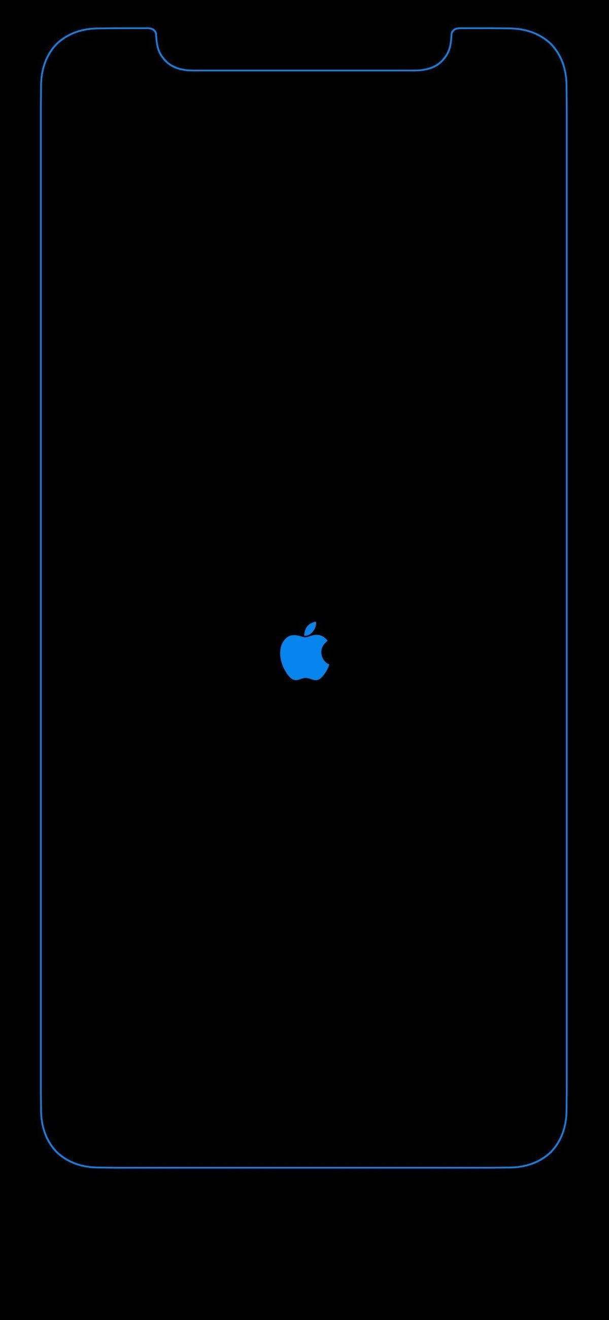 iPhone 桌布 壁紙 — 一個極簡的智慧型手機螢幕輪廓在黑色背景上發光，中央有一個藍色Apple標誌。