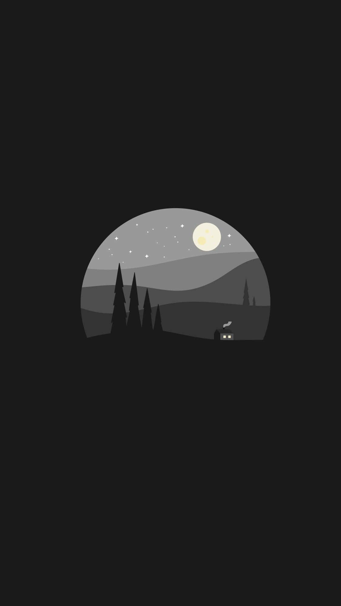 Moon Aesthetic 桌布 壁紙 — 一個極簡的月光場景，在黑色背景的圓形窗框中，有一座小房子和松樹，星空下。