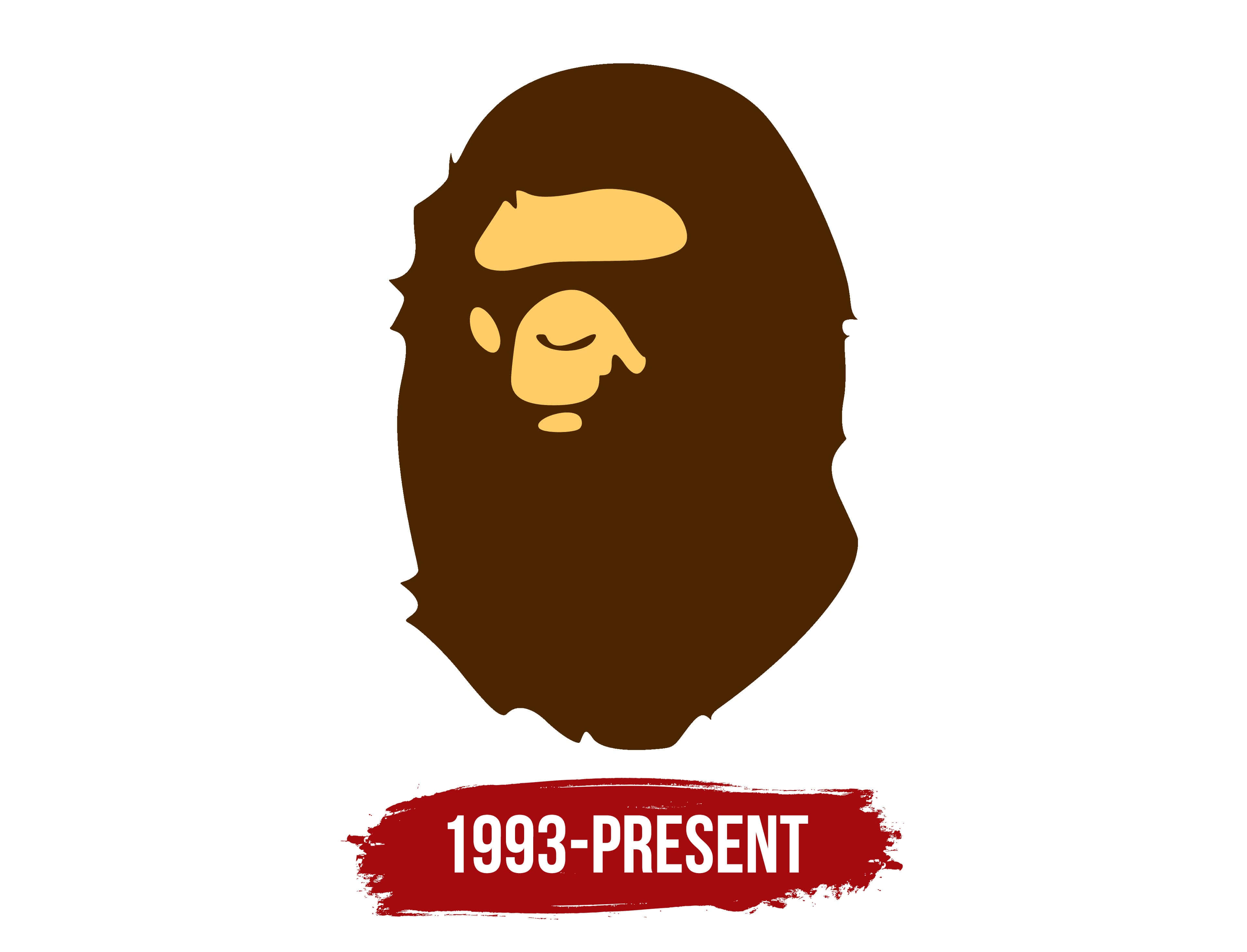 Bape 動態 桌布 壁紙 — 一個極簡的棕色猿頭標誌，帶有黃色面部特徵和一個紅色筆觸橫幅，上面寫著1993年至今。