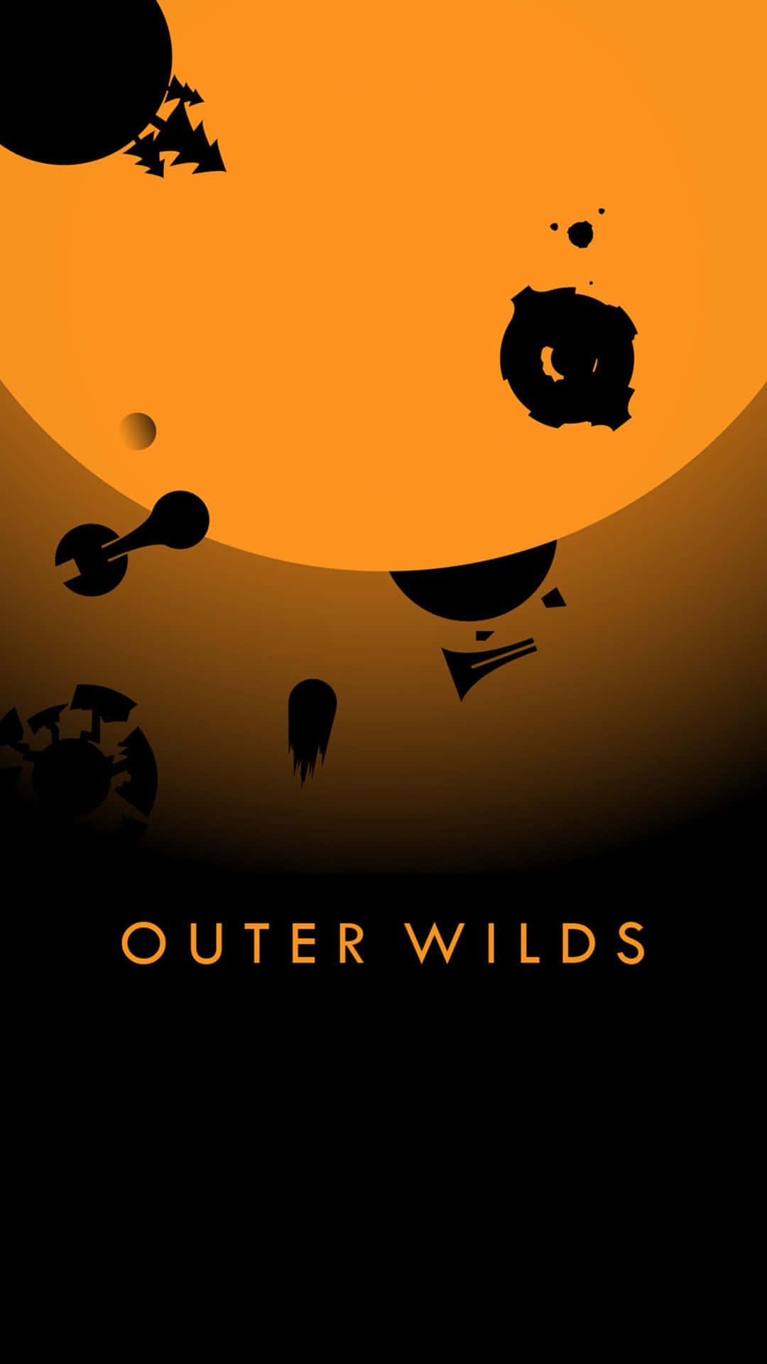 Outer Wilds 遊戲封面，橙色行星和黑色輪廓在漸變背景上。 — 電玩遊戲 GIF 壁紙