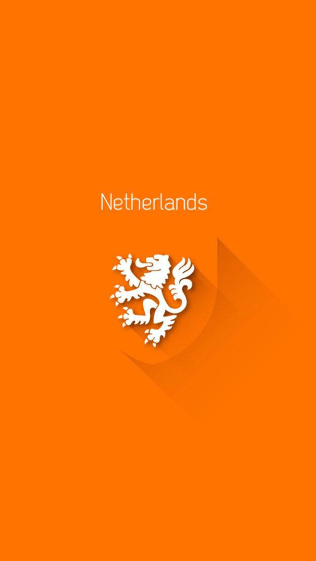 Netherlands 桌布 壁紙 — 一個極簡的橙色桌布，帶有白色荷蘭獅子標誌、長陰影和'Netherlands'文字。