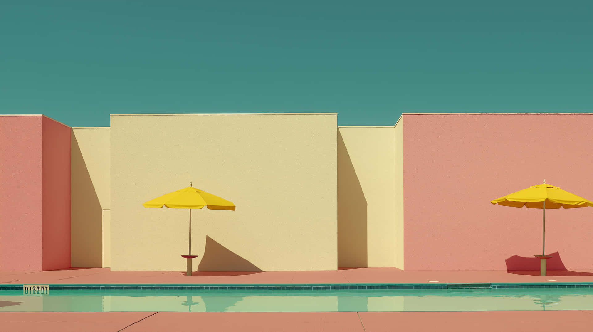 Minimalist Pool with Yellow Umbrellas and Pastel Walls 壁紙 — 一個極簡的泳池邊場景，兩把黃色遮陽傘在粉彩粉紅和米色牆壁上投下陰影，天空是青綠色。