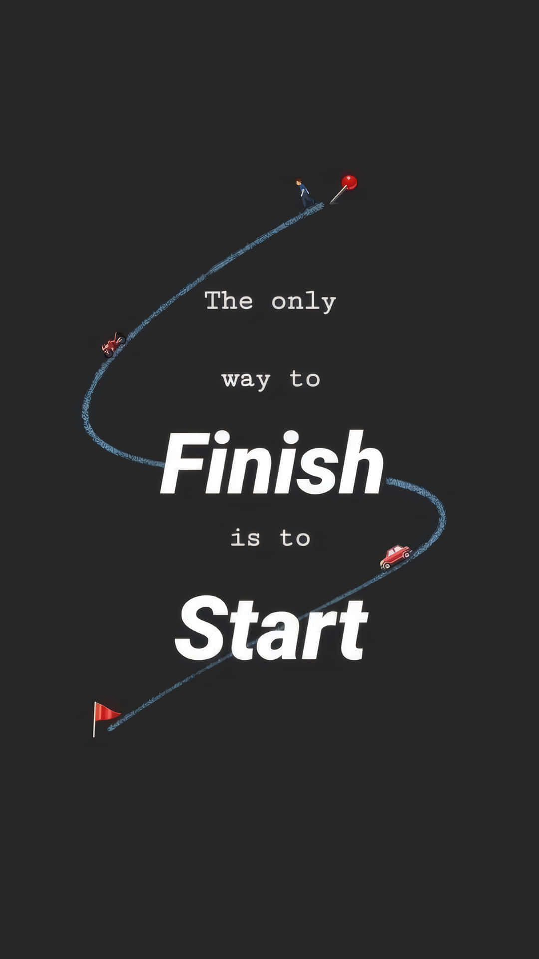 Finish is to Start Motivational Quote 壁紙 — 一個極簡的深灰色圖形顯示一條蜿蜒的藍色賽道，上面有微小的紅色汽車和旗幟，以粗體白色文字說明引言「完成唯一的方法是開始」。