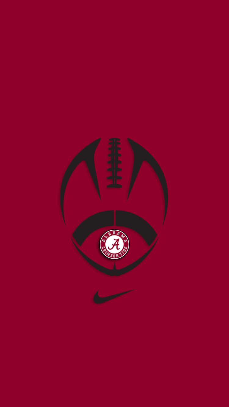 Alabama Football Logo 桌布 壁紙 — 一個極簡的深紅色背景，上面有一個黑色風格化的美式足球，帶有阿拉巴馬紅潮隊標誌和Nike勾勾。