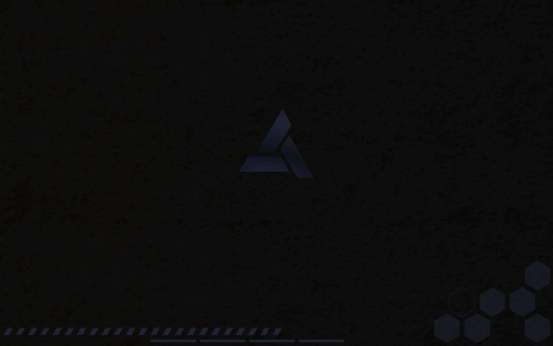 Abstergo 桌布 壁紙 — 一個極簡的深藍色幾何標誌在帶有細微六邊形圖案和數位線條的紋理黑色背景上微弱發光。