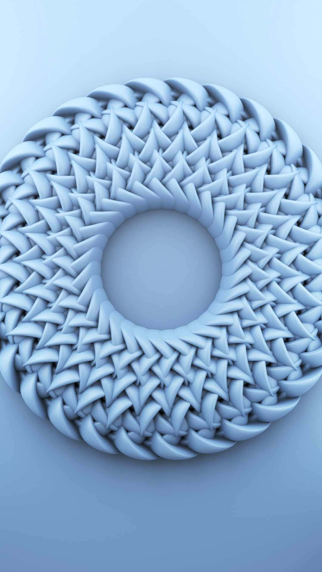 Product 桌布 壁紙 — 一個極簡的淺藍色3D渲染圓形圖案，由互鎖的三角形元素組成，在柔和的漸變背景上形成一個有紋理的環。