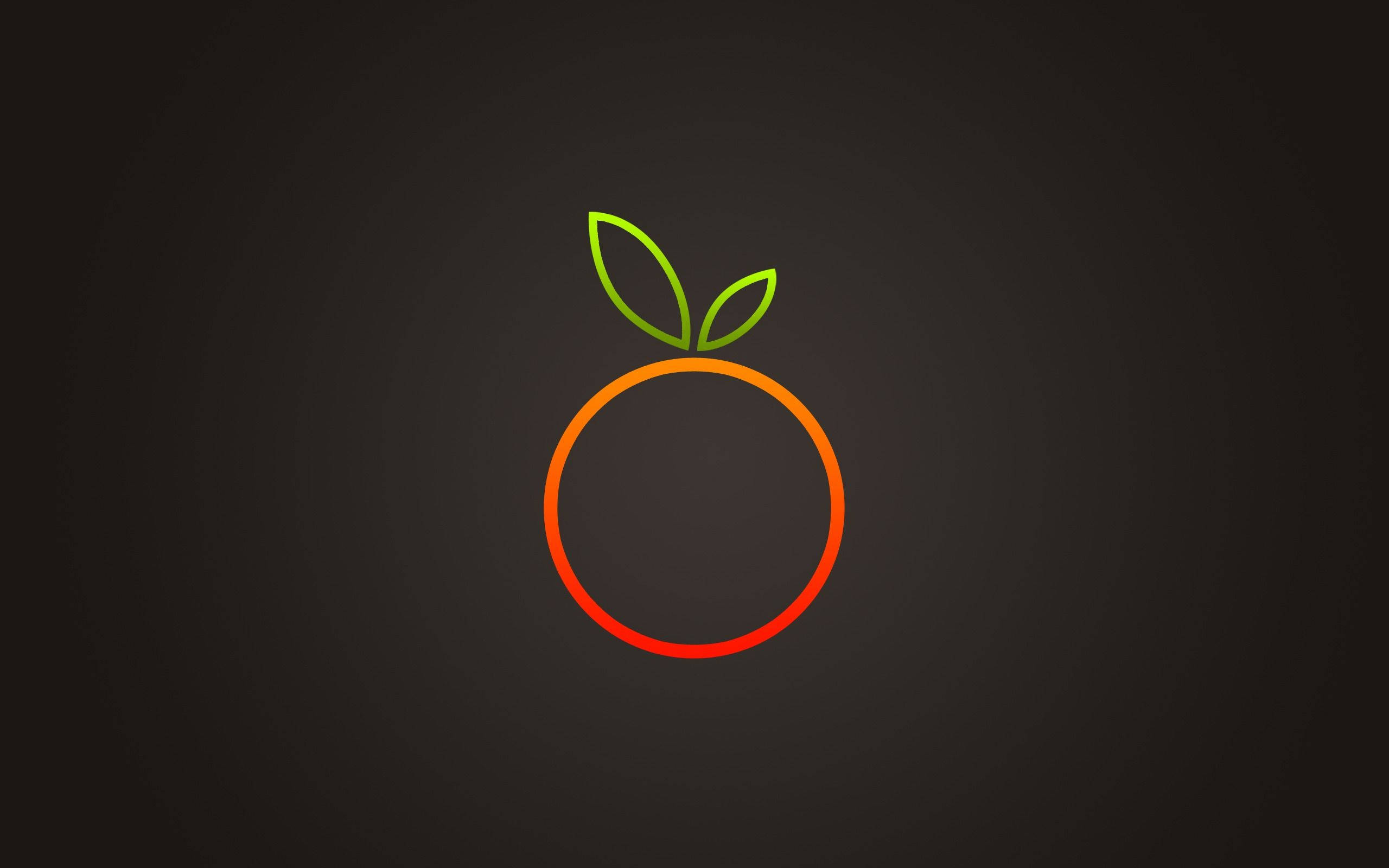 Orange Circle 桌布 壁紙 — 一個極簡的發光橙色輪廓，帶有兩片綠葉，位於深色漸變背景上。