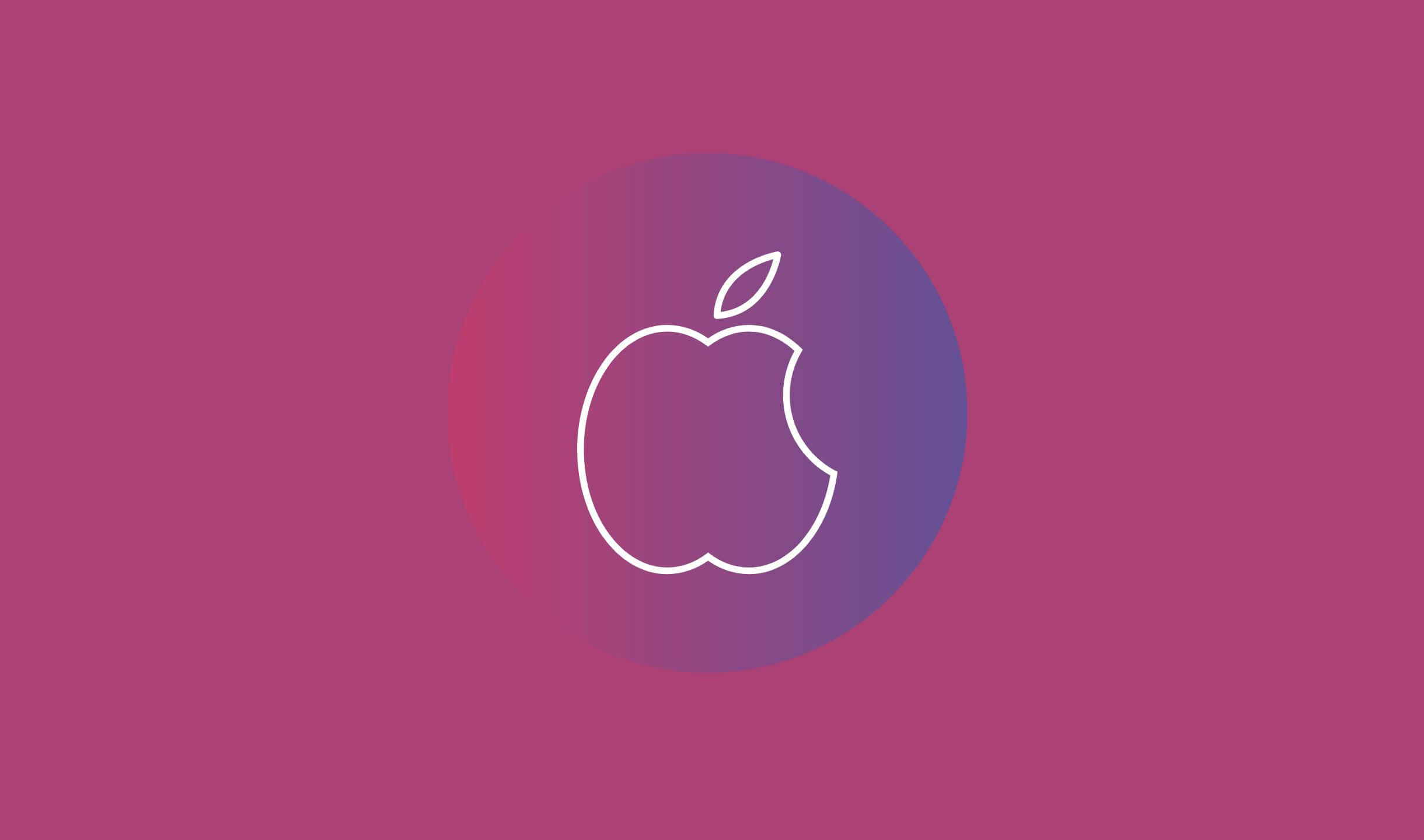 2440x1440 Apple 桌布 壁紙 — 一個極簡的白色Apple標誌，輪廓在漸變洋紅色和紫色的圓形背景上。