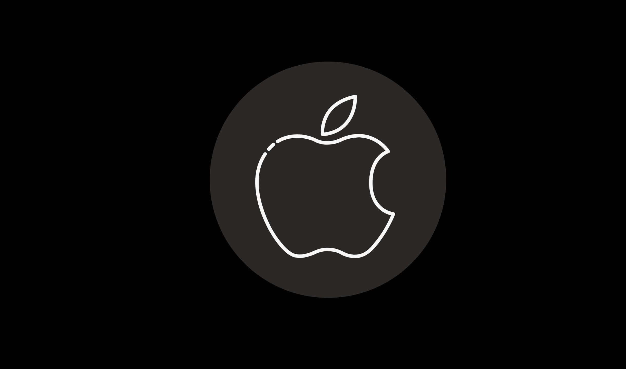 蘋果 桌布 壁紙 — 一個極簡的白色Apple標誌輪廓，置中於深灰色圓形上，背景為黑色。