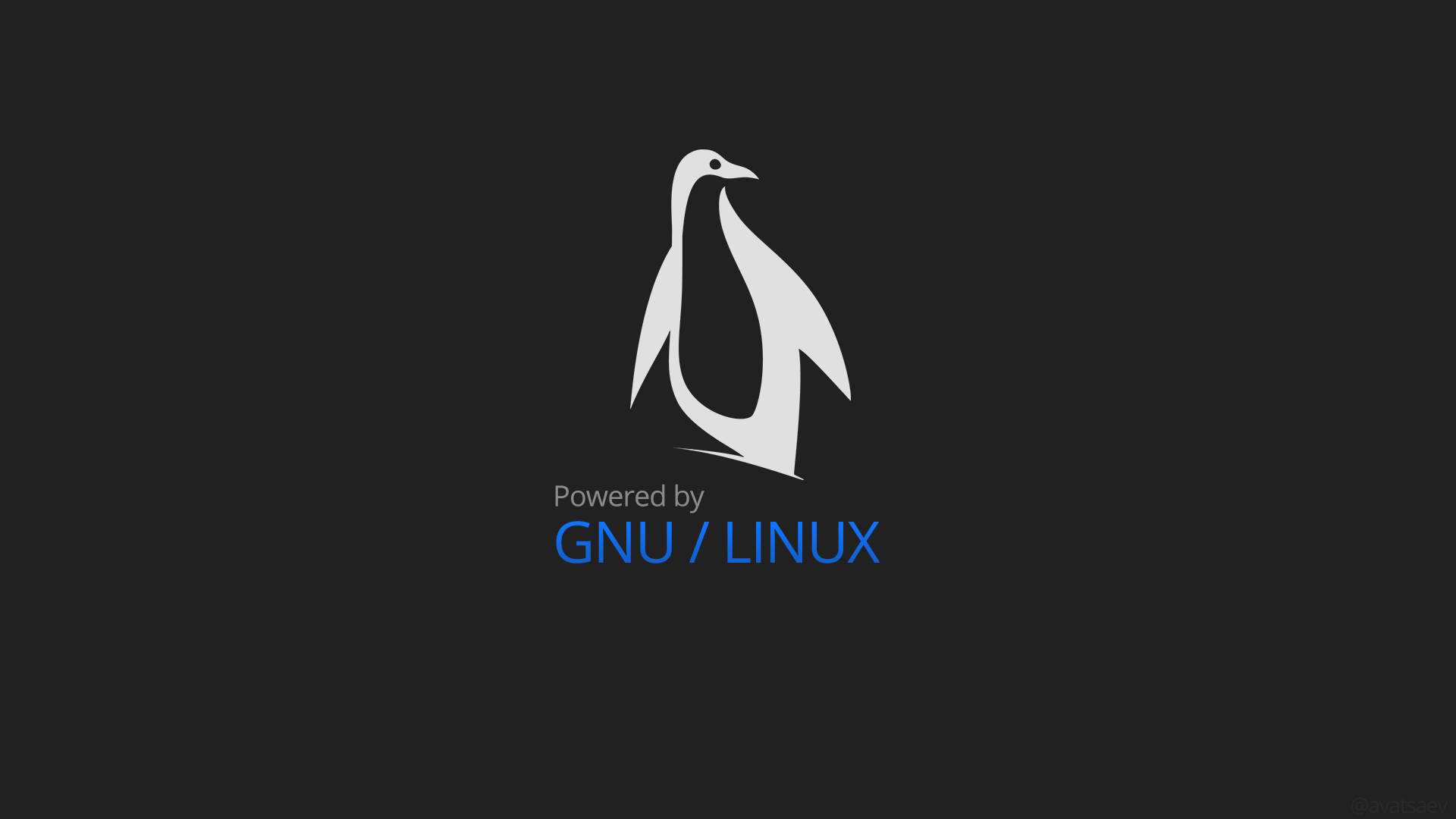 Linux 桌布 壁紙 — 一個極簡的白色企鵝標誌，居中放在深灰色背景上，藍色文字寫著「Powered by GNU / LINUX」。