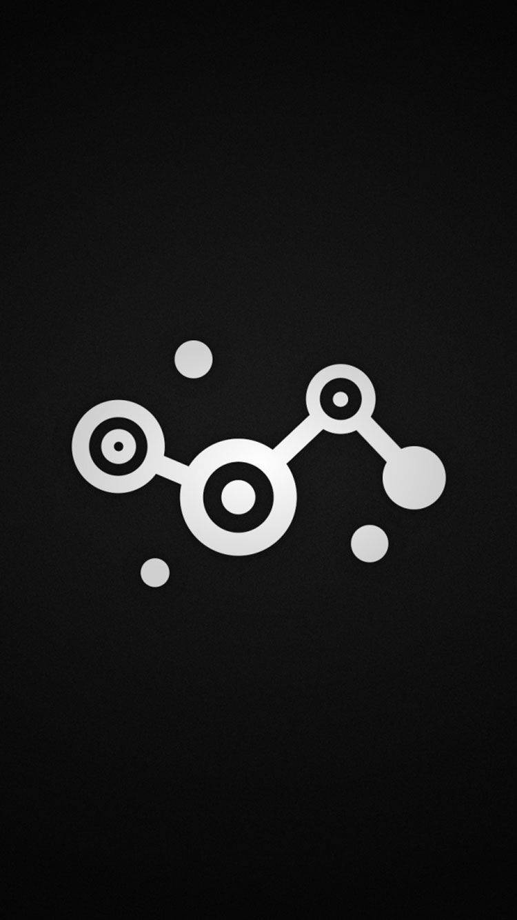 Black And White iPhone 桌布 壁紙 — 一個極簡的白色分子結構，帶有連接的圓圈和圓點，漂浮在有紋理的黑色背景上。