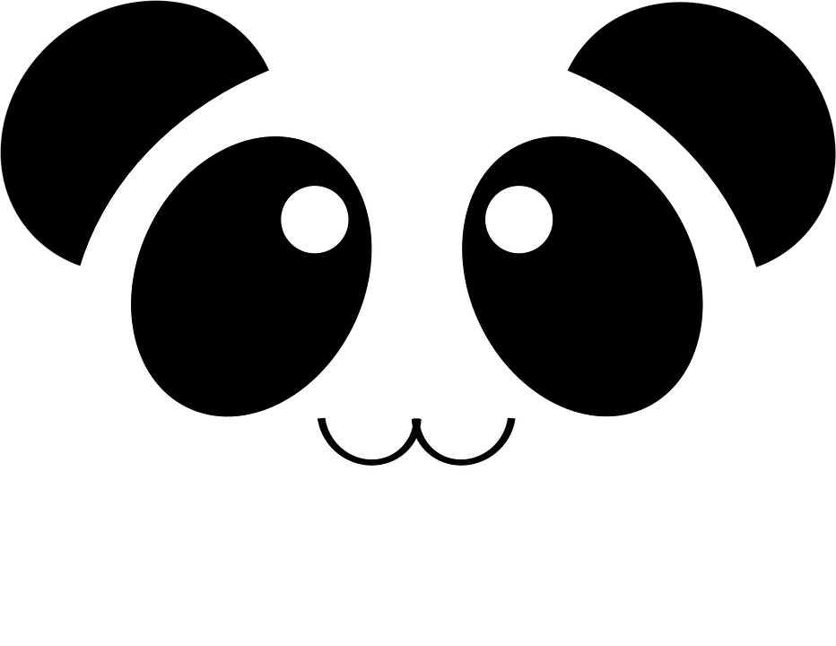 可愛熊貓 桌布 壁紙 — 一個極簡的白色圓形臉孔，帶有大黑眼睛和小彎曲微笑，在黑色背景上。
