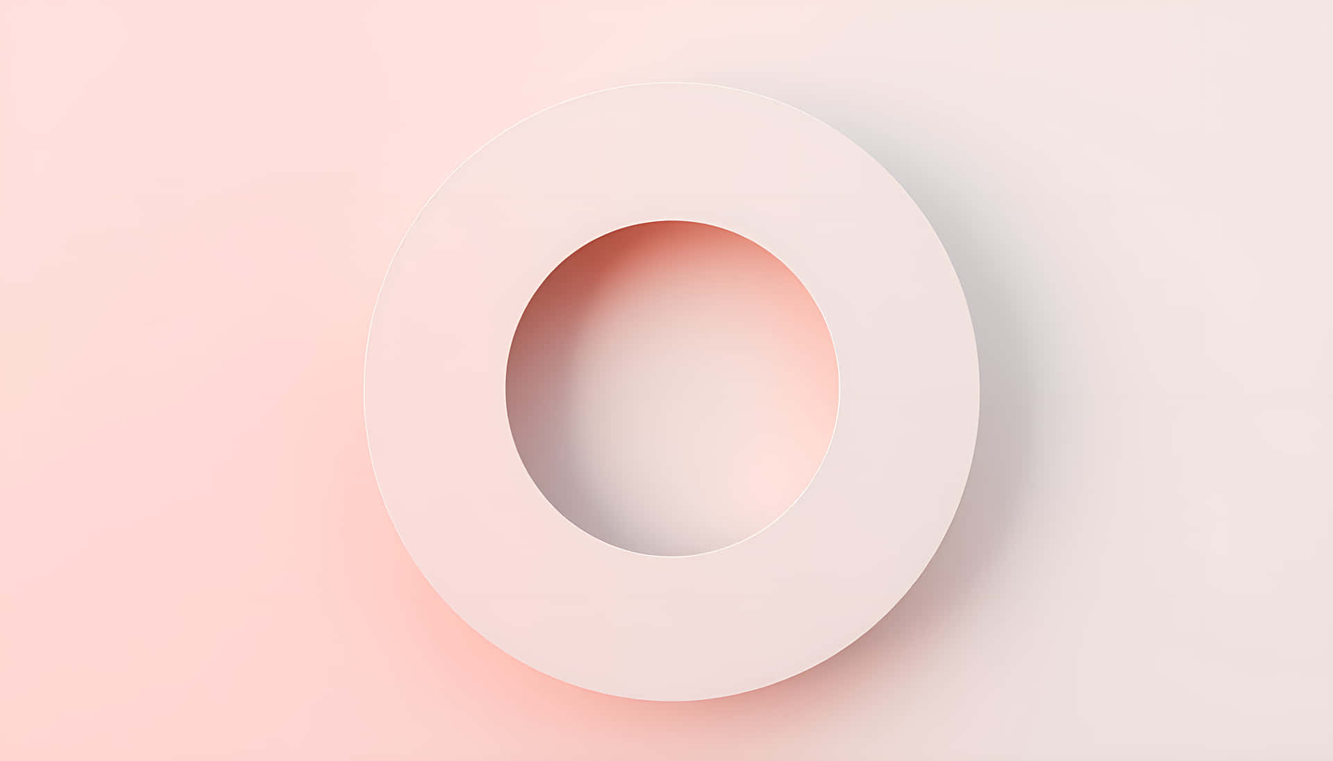 Soft Pastel Abstract with Geometric Balance 壁紙 — 一個極簡的白色圓環在漸變粉紅和白色背景上投下柔和陰影。