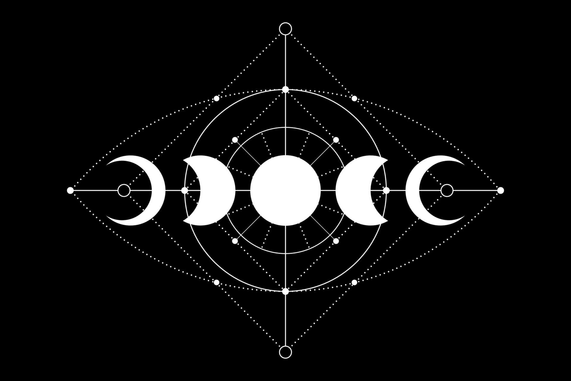 Alchemy 桌布 壁紙 — 一個極簡的白色幾何設計，四個新月和一個滿月對稱排列在黑色背景上。