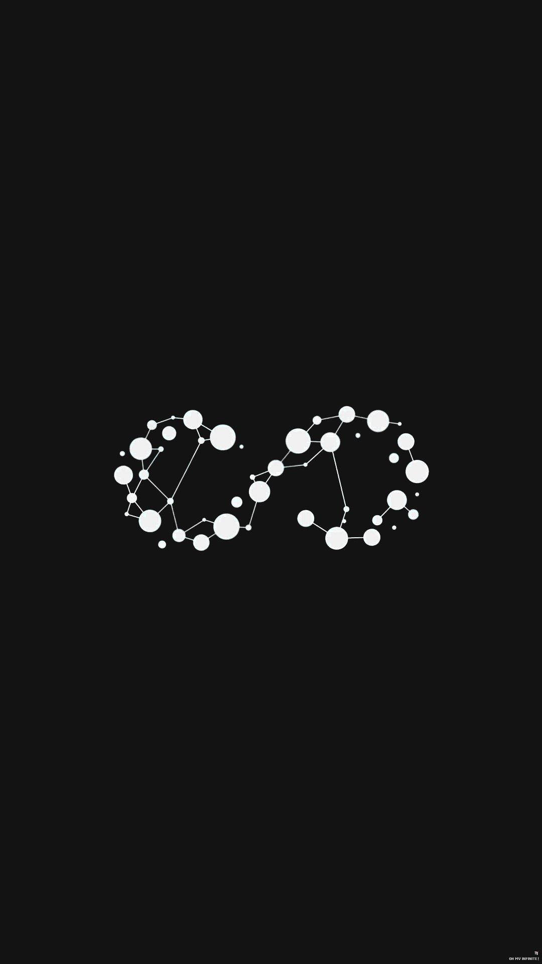 黑白 桌布 壁紙 — 一個極簡的白色無限符號，由相連的點和線構成，置於純黑色背景上。