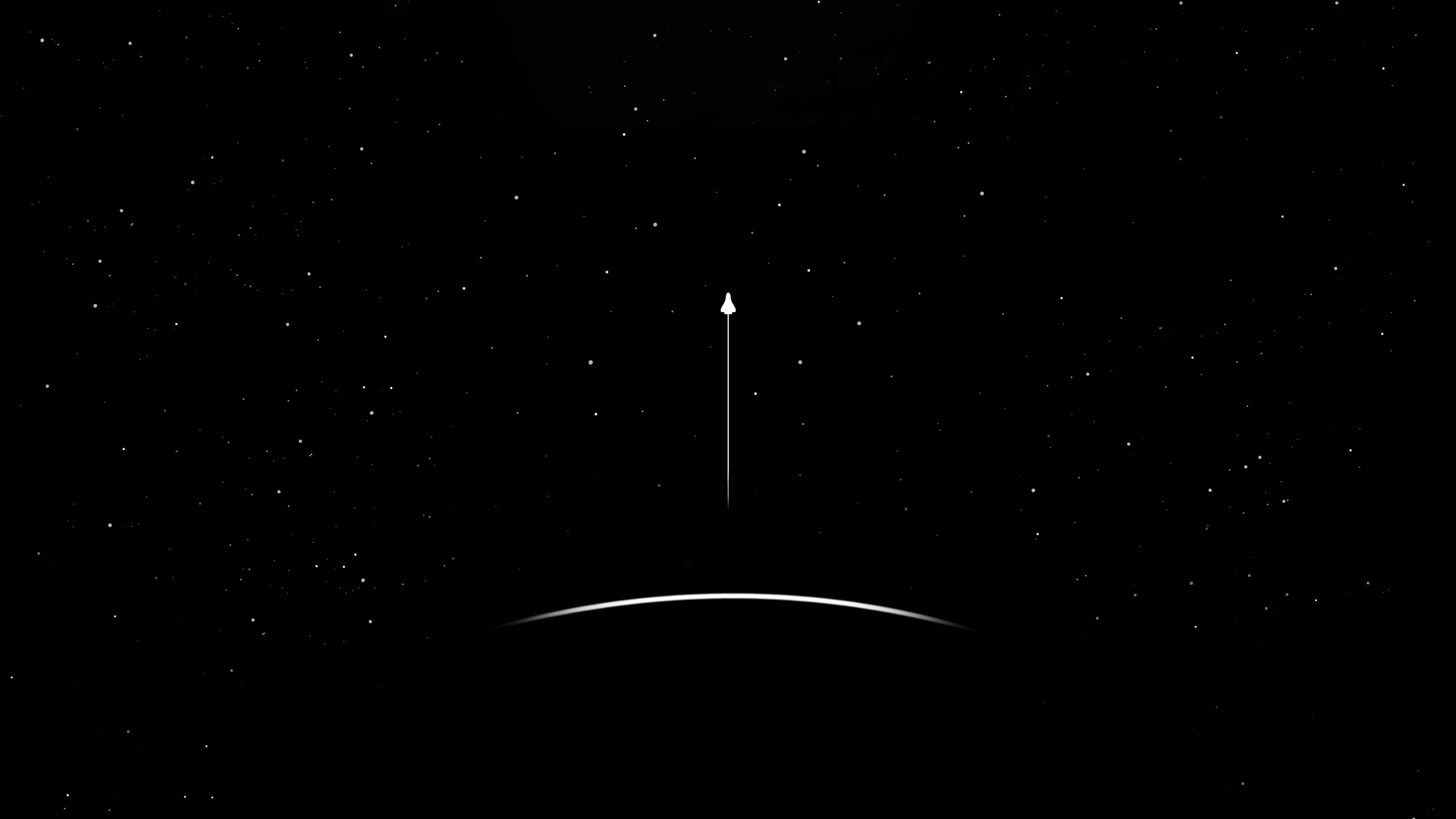 太空人 桌布 壁紙 — 一個極簡的白色箭頭從彎曲的行星地平線向上指向星場。