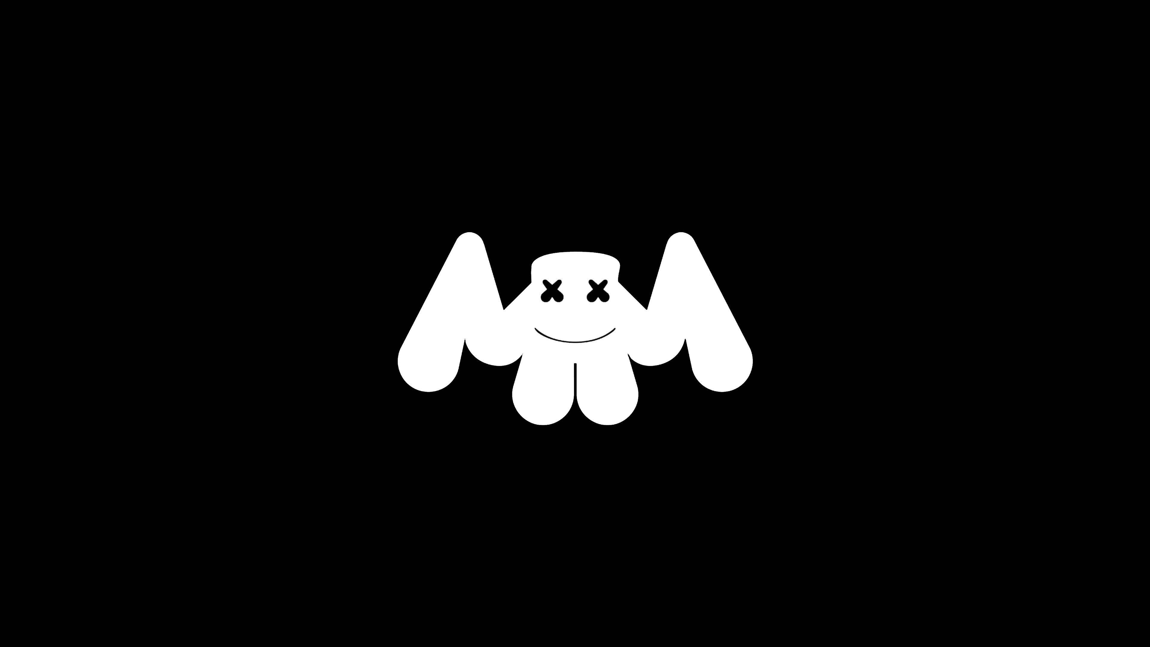 Marshmallow Dj 桌布 壁紙 — 一個極簡的白色蝙蝠標誌，帶有X形眼睛和微笑，置於純黑色背景上。