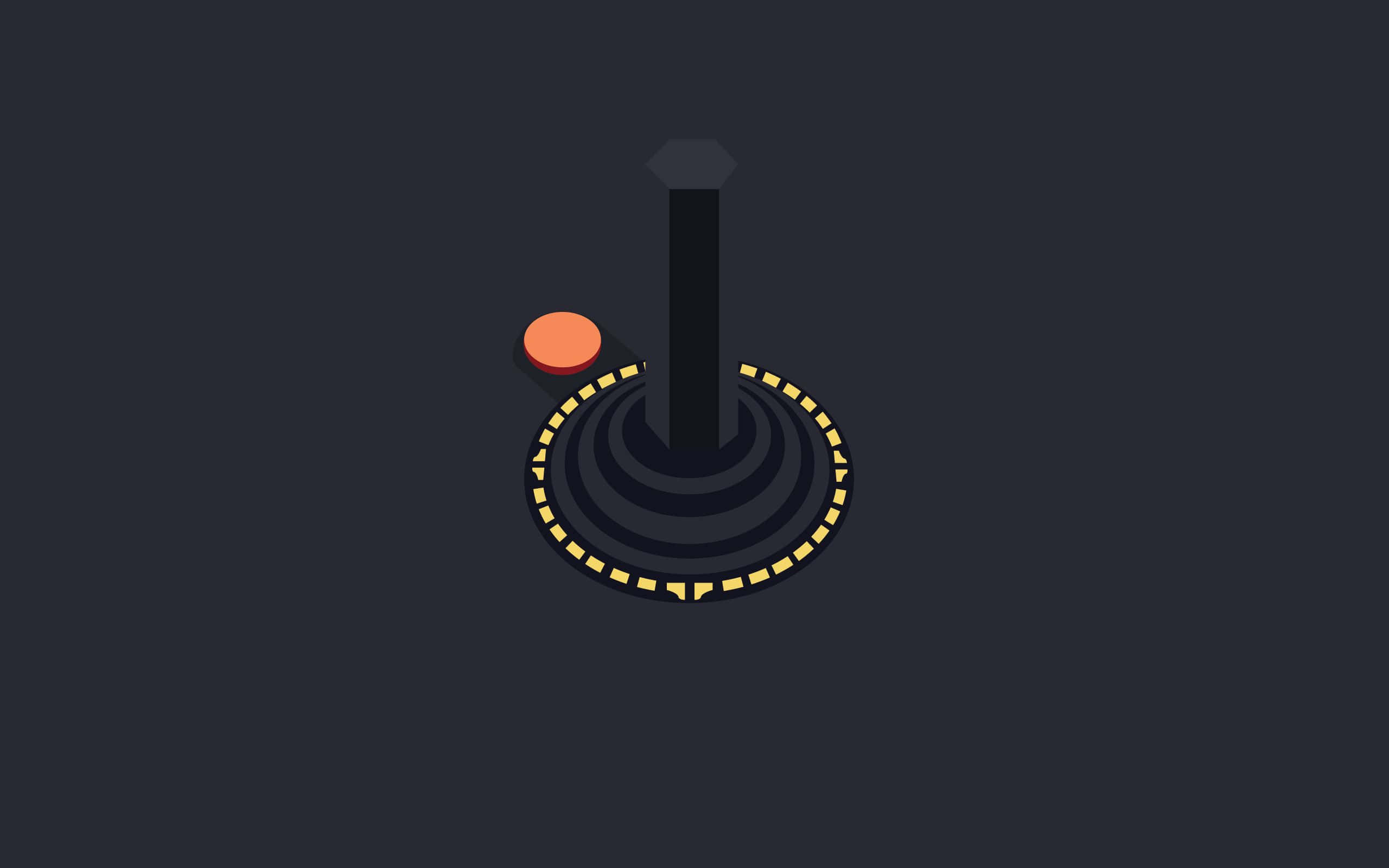 Minimalist Game 桌布 壁紙 — 一個極簡的等距操縱桿，帶有黑色搖桿、橙色按鈕和黃色點狀底座，背景為深灰色。