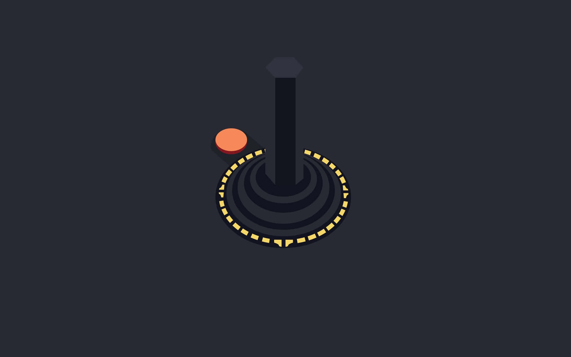 Minimalist Gaming 桌布 壁紙 — 一個極簡的等距視角搖桿，黑色搖桿、橙色按鈕和黃色點狀底座，背景為深灰色。