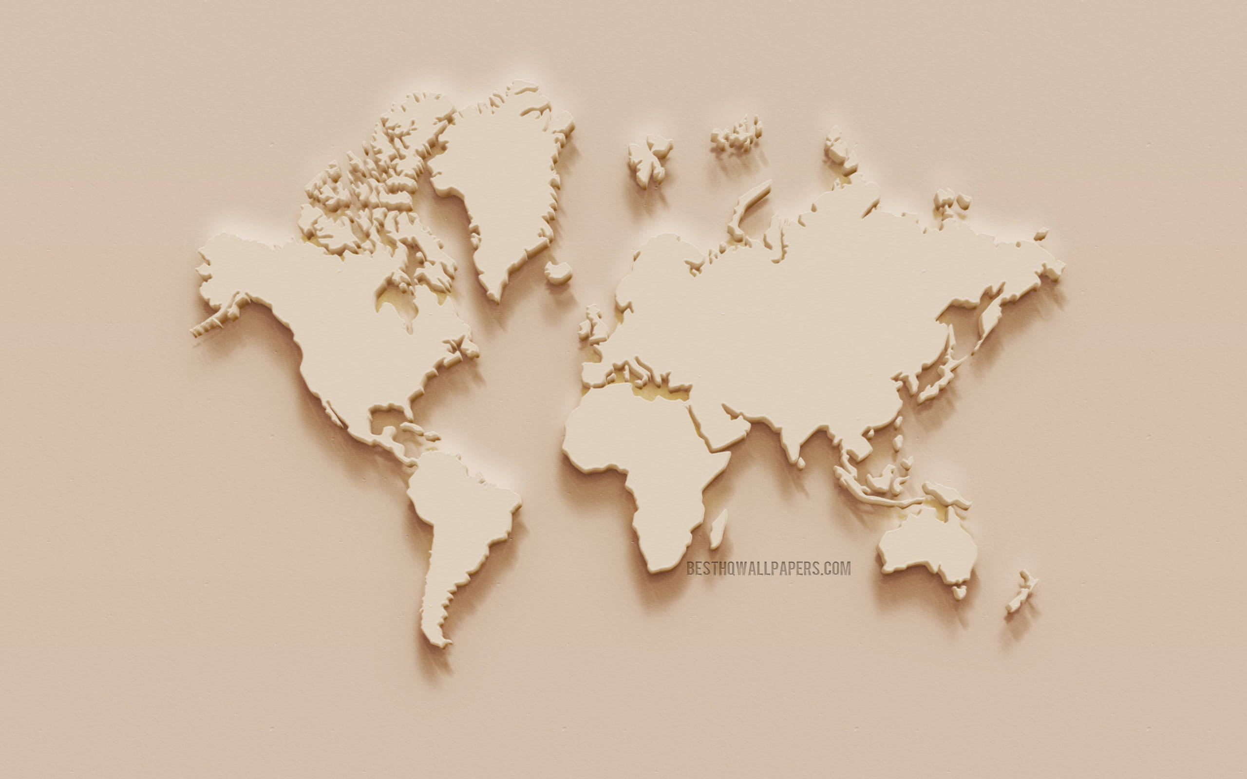 World 桌布 壁紙 — 一個極簡的米色3D世界地圖浮雕，在相配的牆壁上投射出柔和陰影。