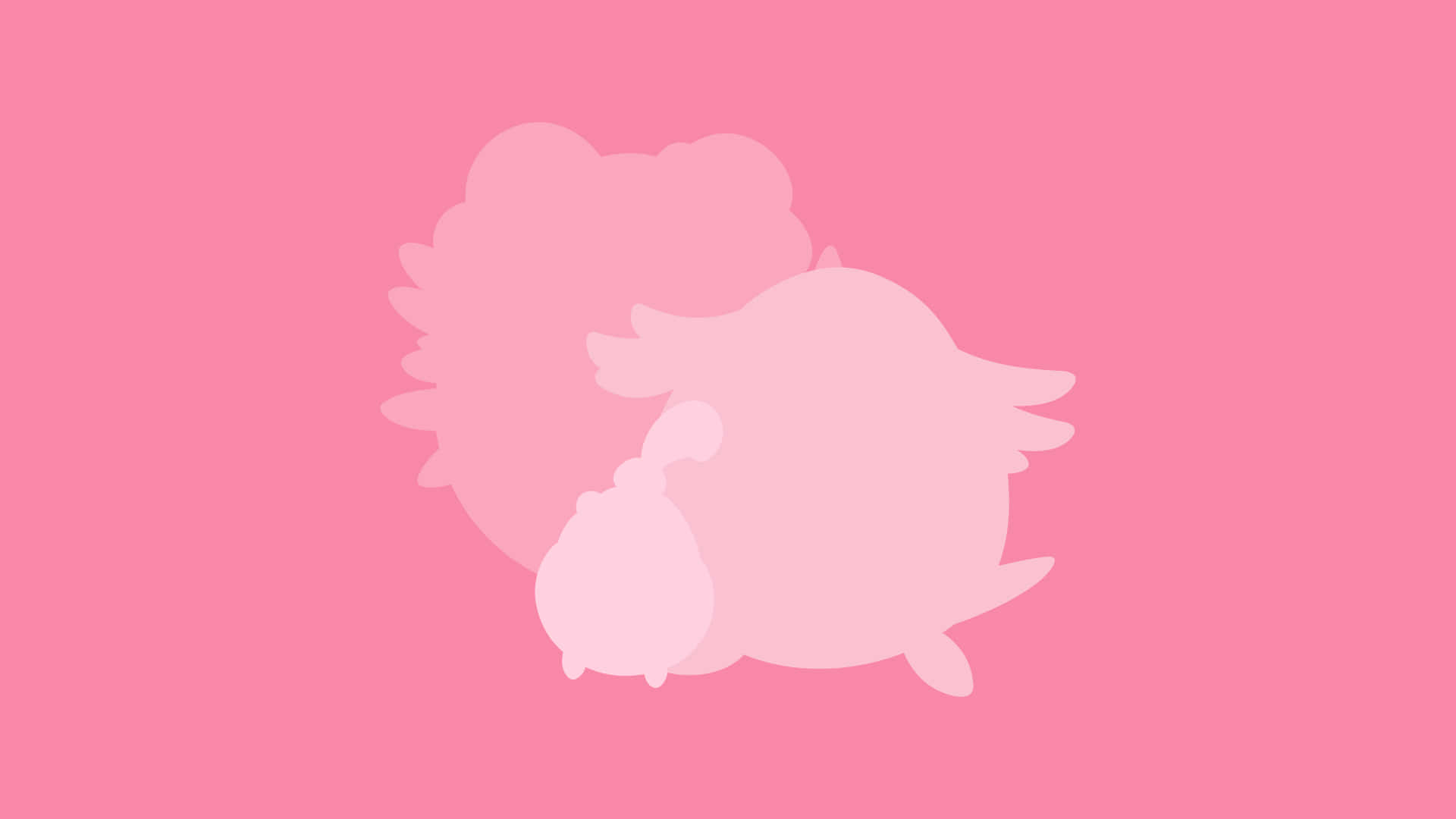 Pokemon Aesthetic 桌布 壁紙 — 一個極簡的粉紅色剪影，描繪一個毛茸茸的生物抱著一個較小的生物，背景為純粉紅色。