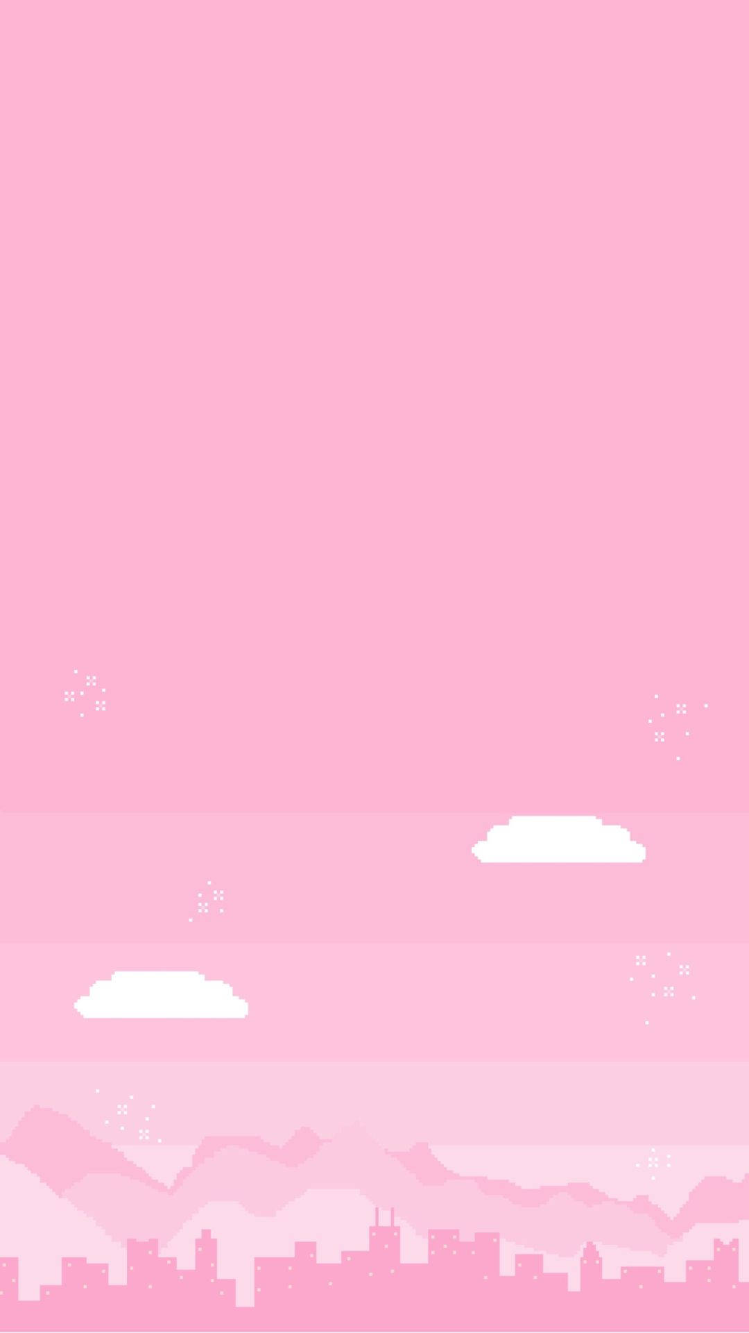 美學粉色GIF 桌布 壁紙 — 一個極簡的粉紅色天空，帶有白雲和像素化的山脈及城市景觀。