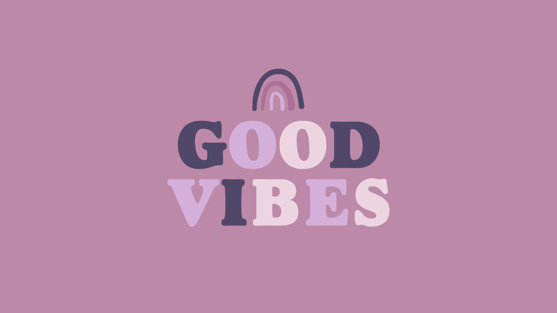 Pretty Aesthetic Computer 桌布 壁紙 — 一個極簡的粉紅色背景，上面有「GOOD VIBES」字樣，採用漸變字體，頂部有一個小彩虹。