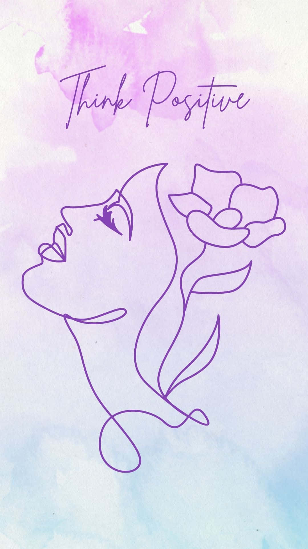 女孩 桌布 壁紙 — 一個極簡的紫色線條畫，描繪女性側面與玫瑰融合，背景為柔和的水彩漸變，並帶有文字「Think Positive」。
