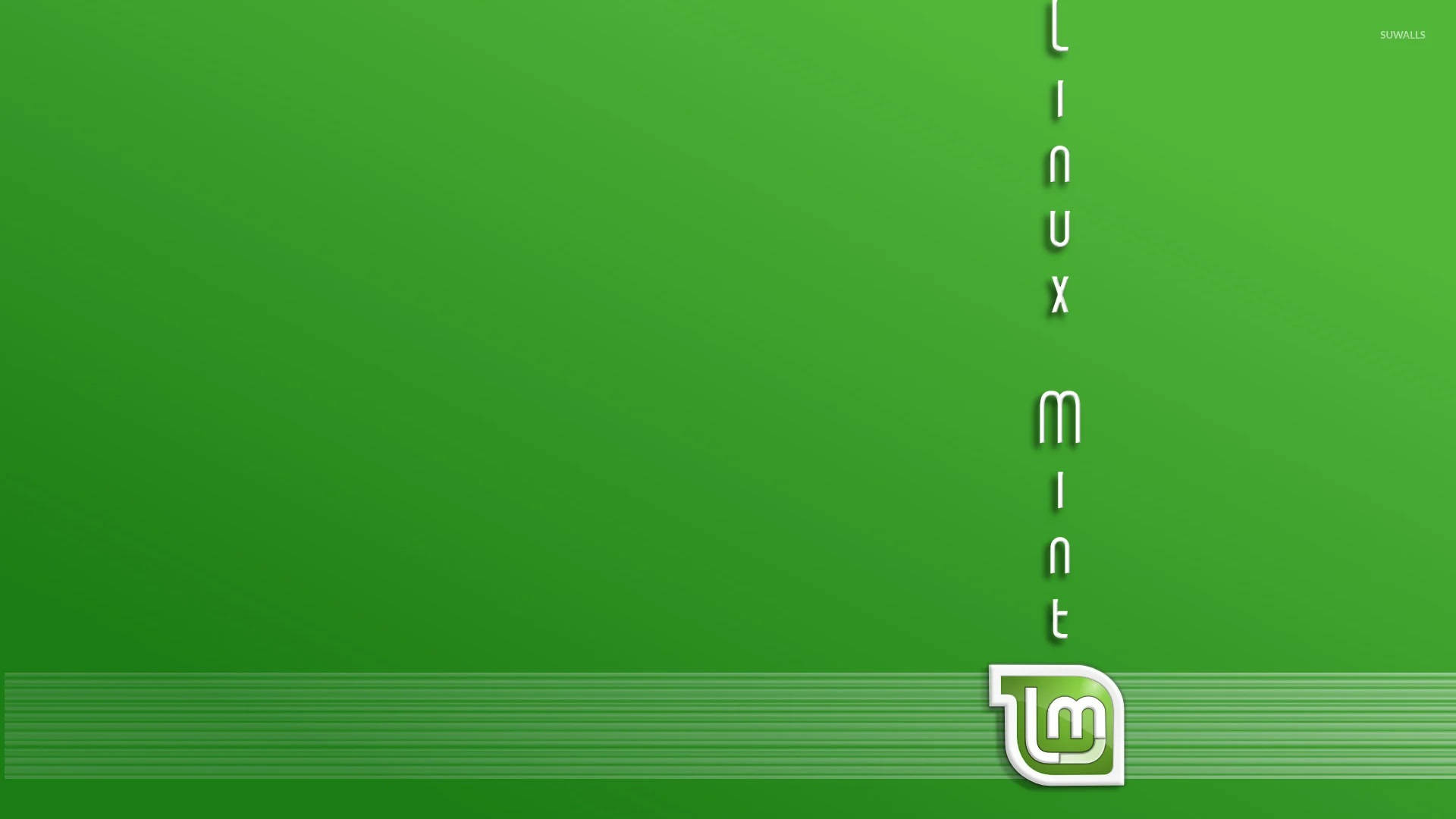 Linux 桌布 壁紙 — 一個極簡的綠色漸變桌布，右側垂直排列了Linux Mint標誌和文字。