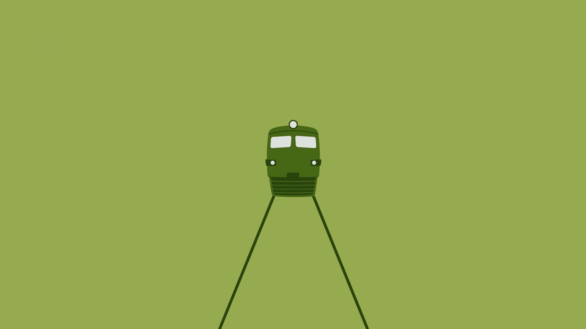 Aesthetic Green Minimal 桌布 壁紙 — 一個極簡的綠色火車圖示，位於匯合的軌道中央，背景為純橄欖綠色。