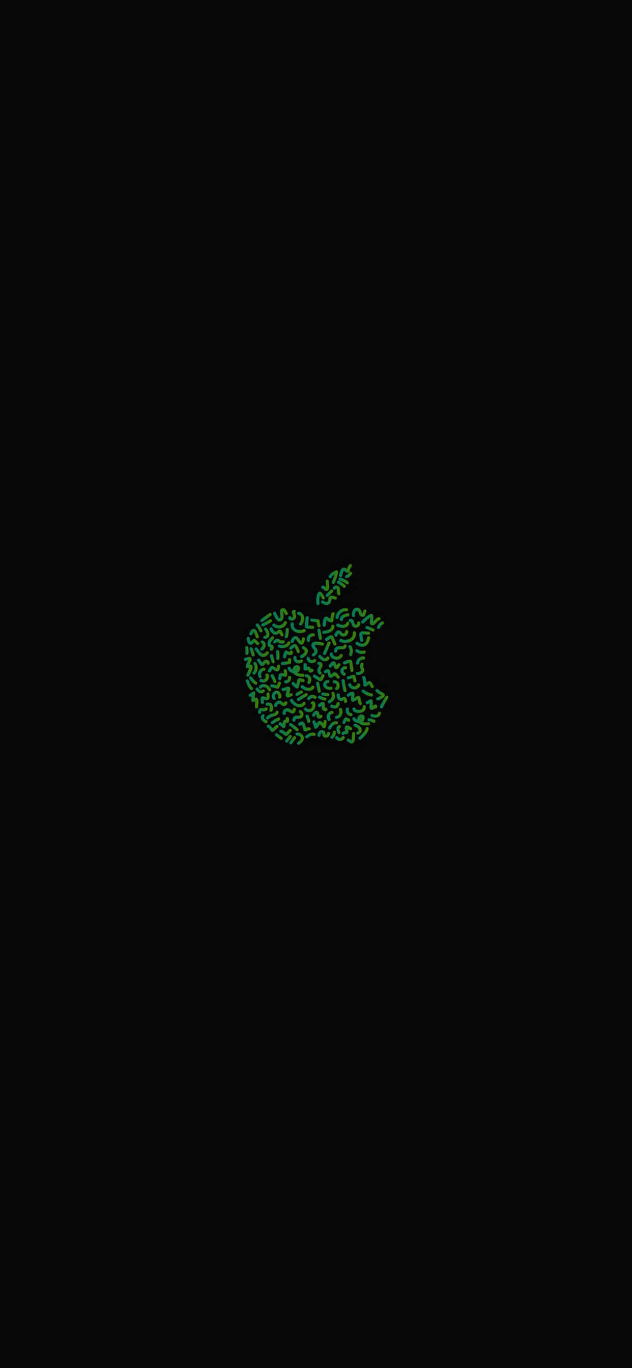 Olive Green iPhone 桌布 壁紙 — 一個極簡的綠色蘋果標誌，由細小的葉狀形狀組成，居中在純黑色背景上。