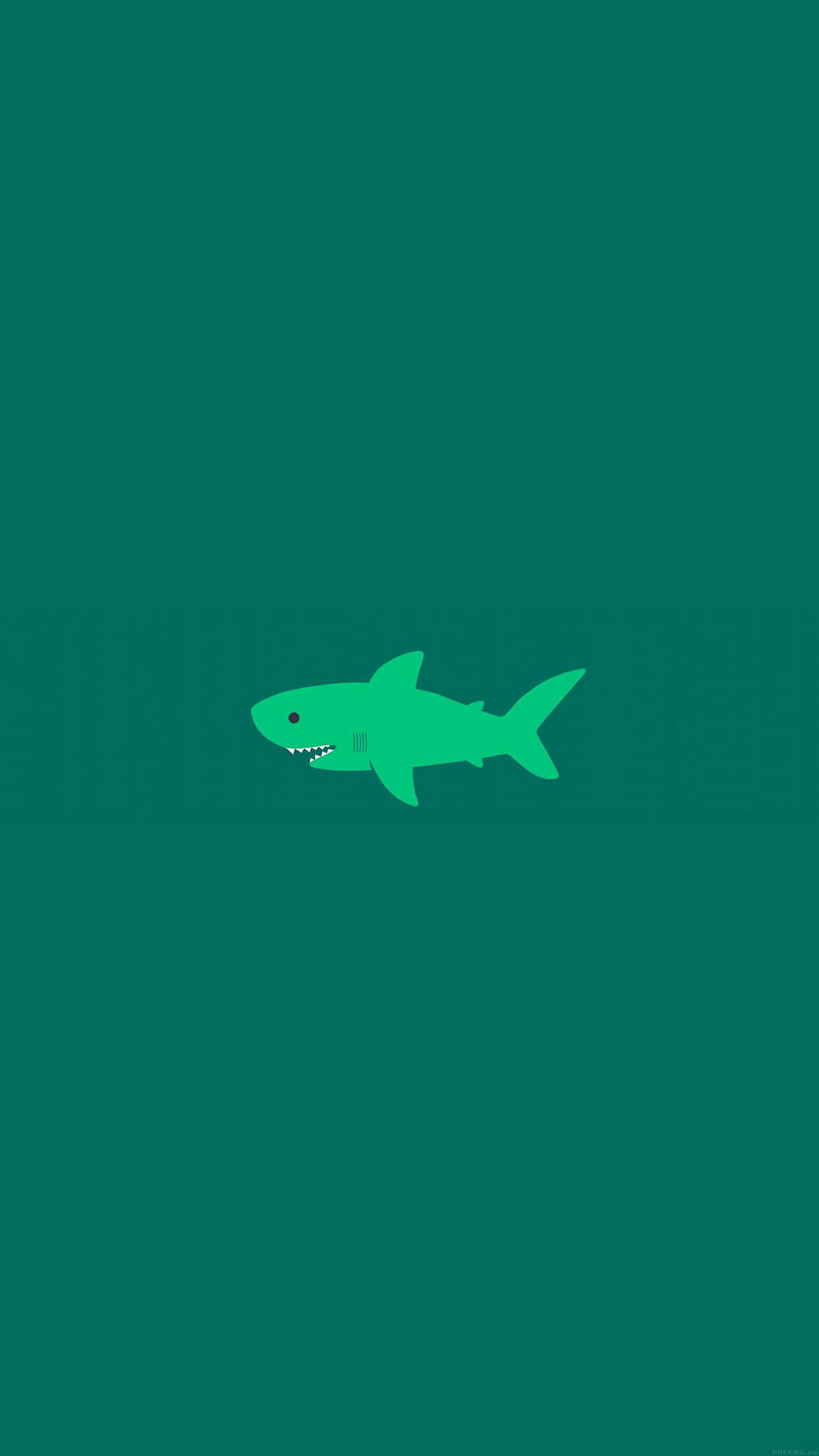 青色GIF 桌布 壁紙 — 一個極簡的綠色鯊魚圖示在純青色背景上獨自游動。