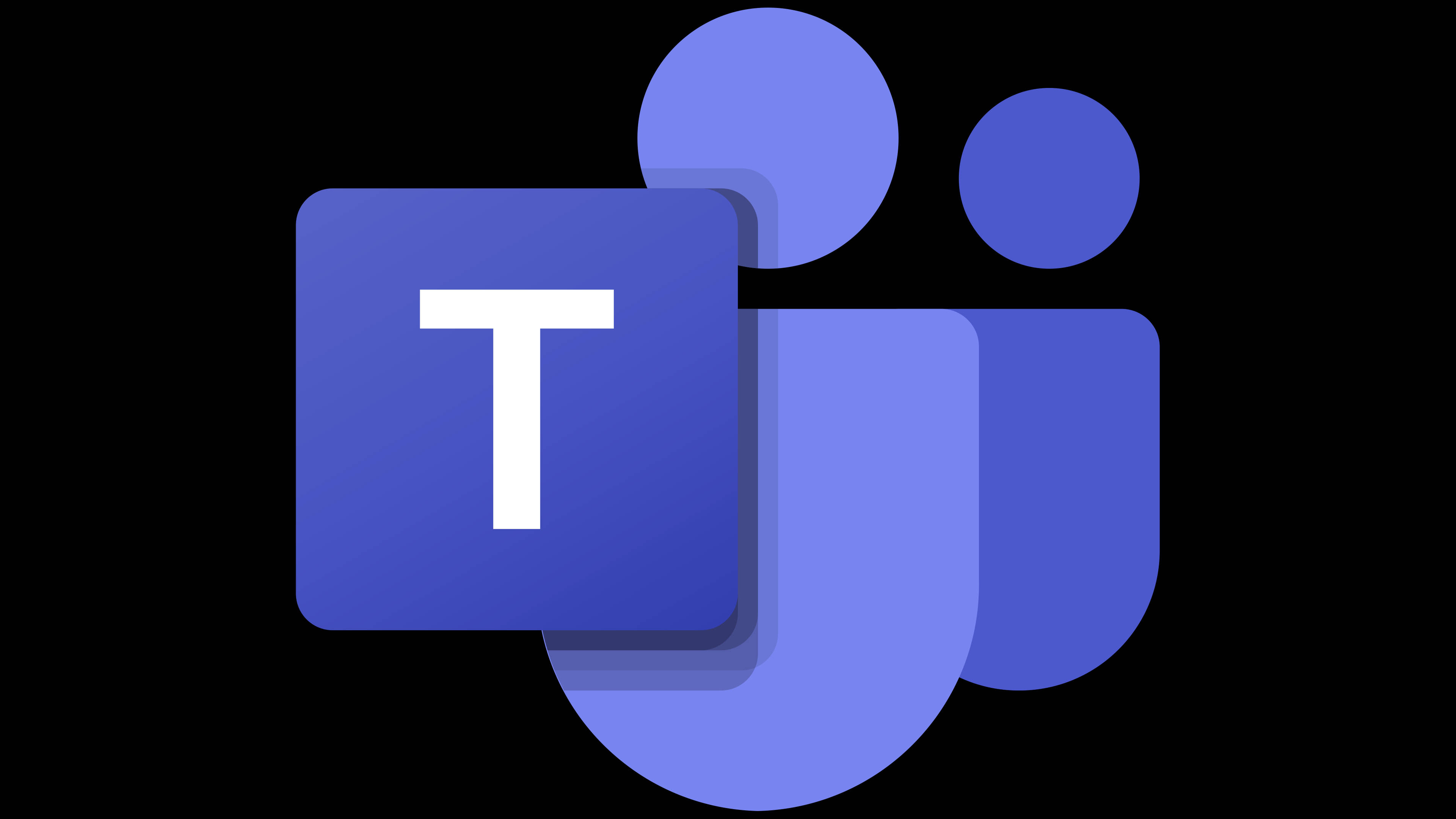 Microsoft Teams 桌布 壁紙 — 一個極簡的藍色Microsoft Teams標誌，在黑色背景上帶有重疊的幾何形狀。