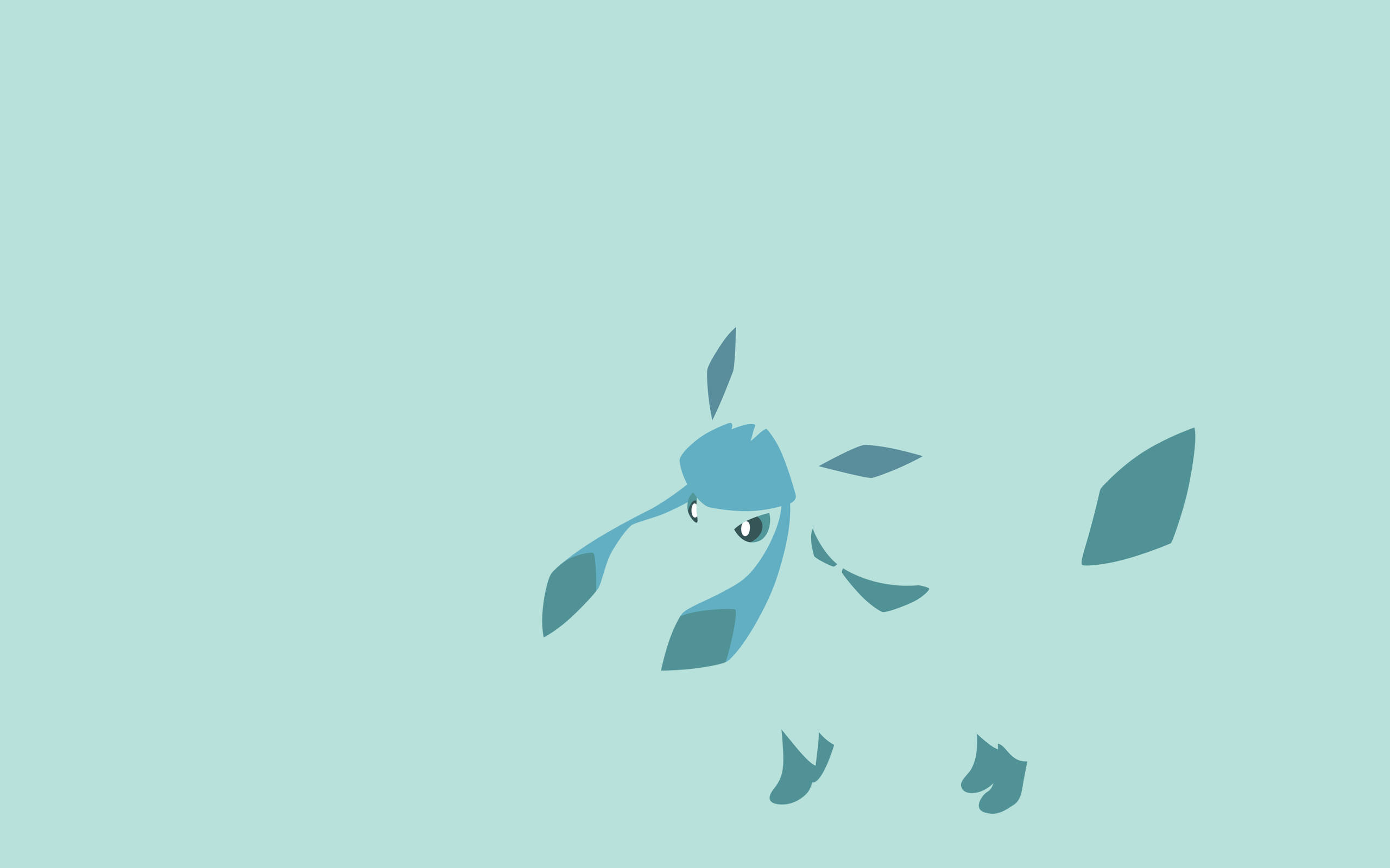 Glaceon 桌布 壁紙 — 一個極簡的藍色卡通生物，帶有葉狀附肢，漂浮在柔和的薄荷綠背景上。