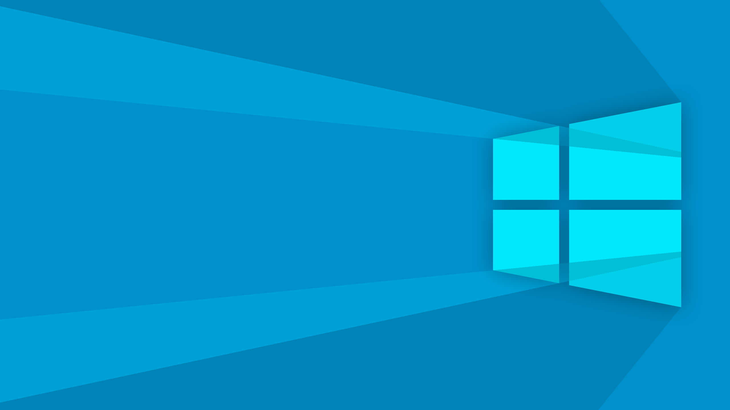 Windows 10 Desktop 桌布 壁紙 — 一個極簡的藍色抽象房間，窗戶形狀像Windows標誌，投射出幾何光線。