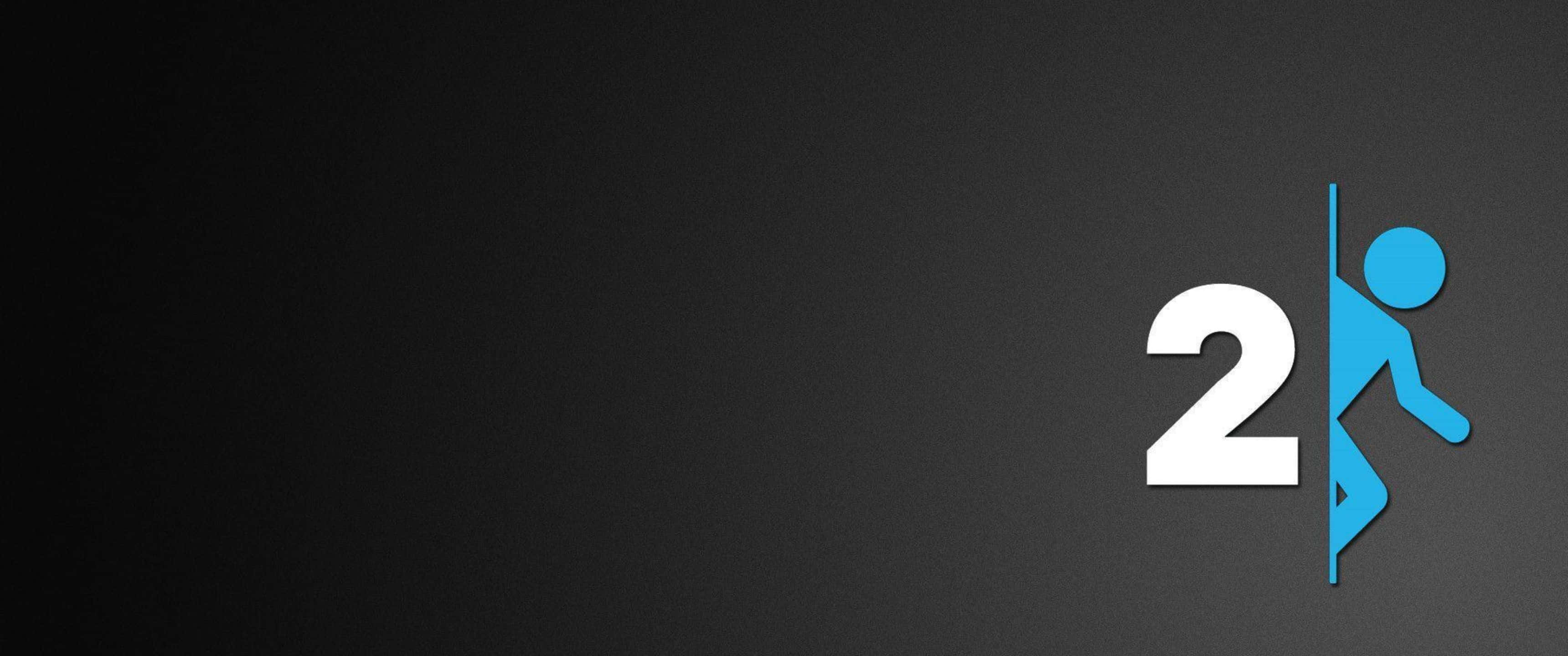 3440x1440p Portal 2 桌布 壁紙 — 一個極簡的藍色火柴人似乎從數字二攀爬或浮現出來，背景是深灰色紋理。