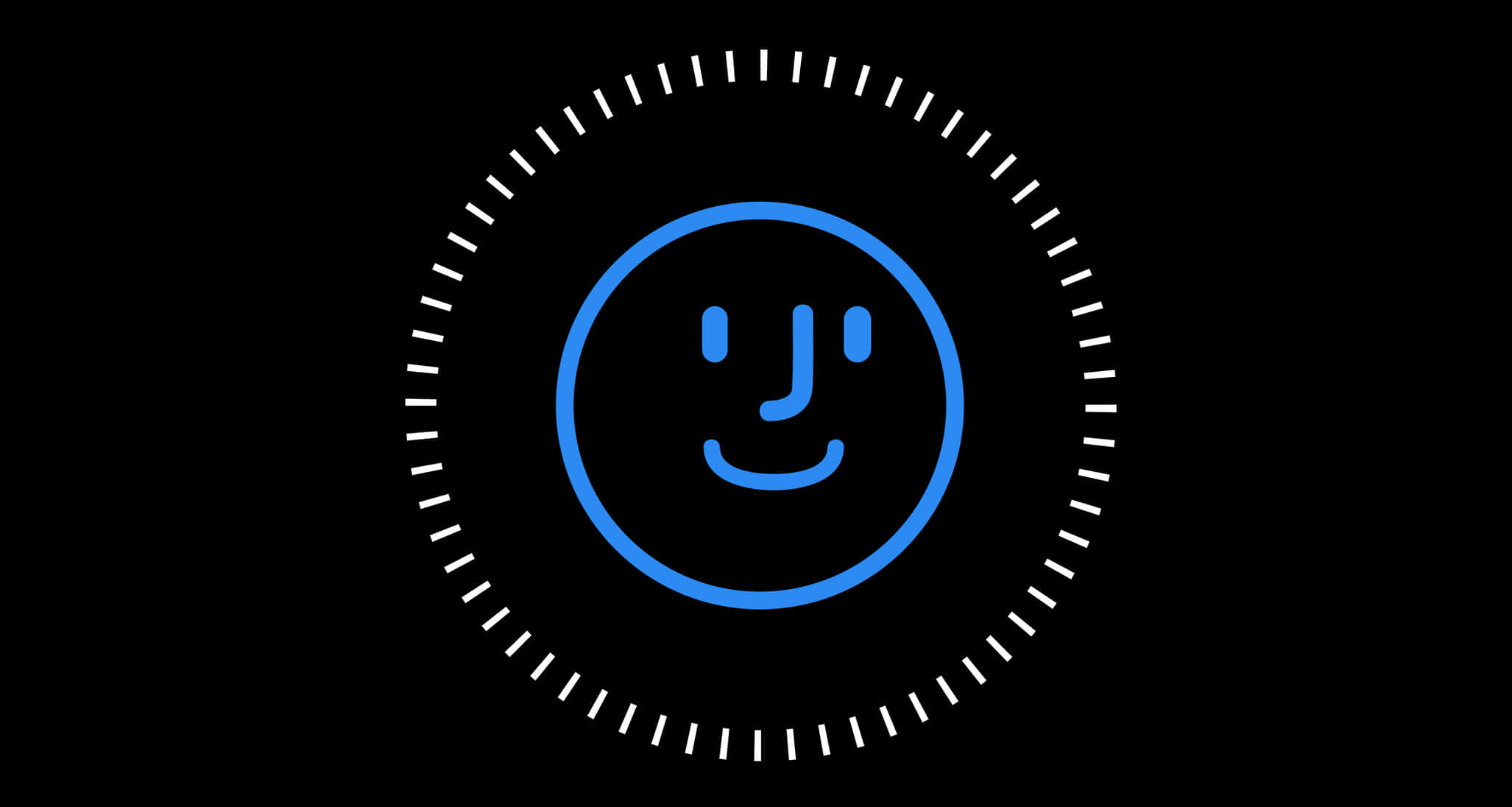 Face Id 桌布 壁紙 — 一個極簡的藍色笑臉圖示，居中於黑色背景上的白色圓圈內，帶有勾號。