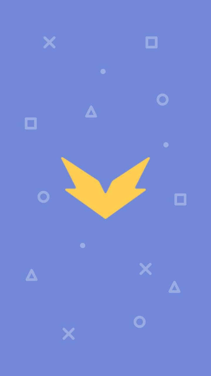 Discord 桌布 壁紙 — 一個極簡的藍色背景，上面有一個黃色向下箭頭，周圍散落著白色幾何形狀。