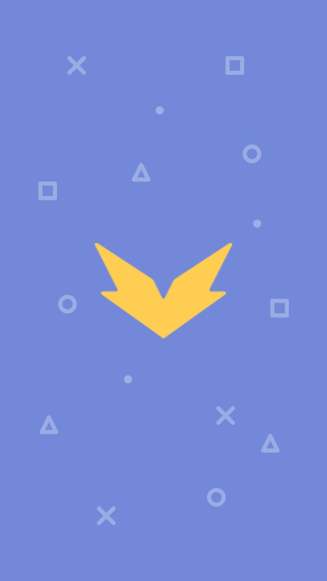 Discord 桌布 壁紙 — 一個極簡的藍色背景，中央有一個黃色向下箭頭，周圍散落著白色幾何形狀。