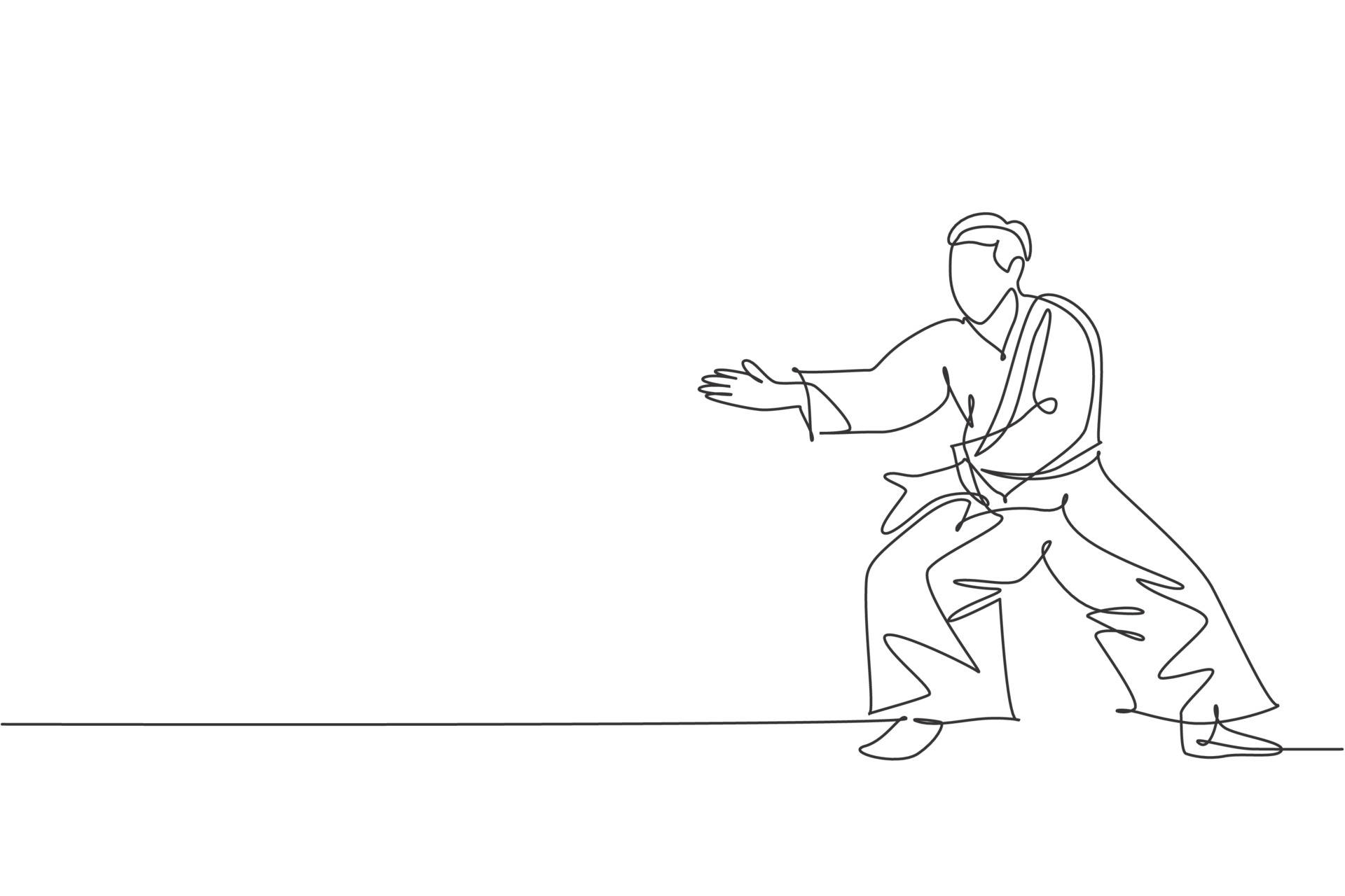 martial arts 桌布 壁紙 — 一個極簡的連續線條繪畫，描繪一個人在白色背景上擺出武術姿勢。