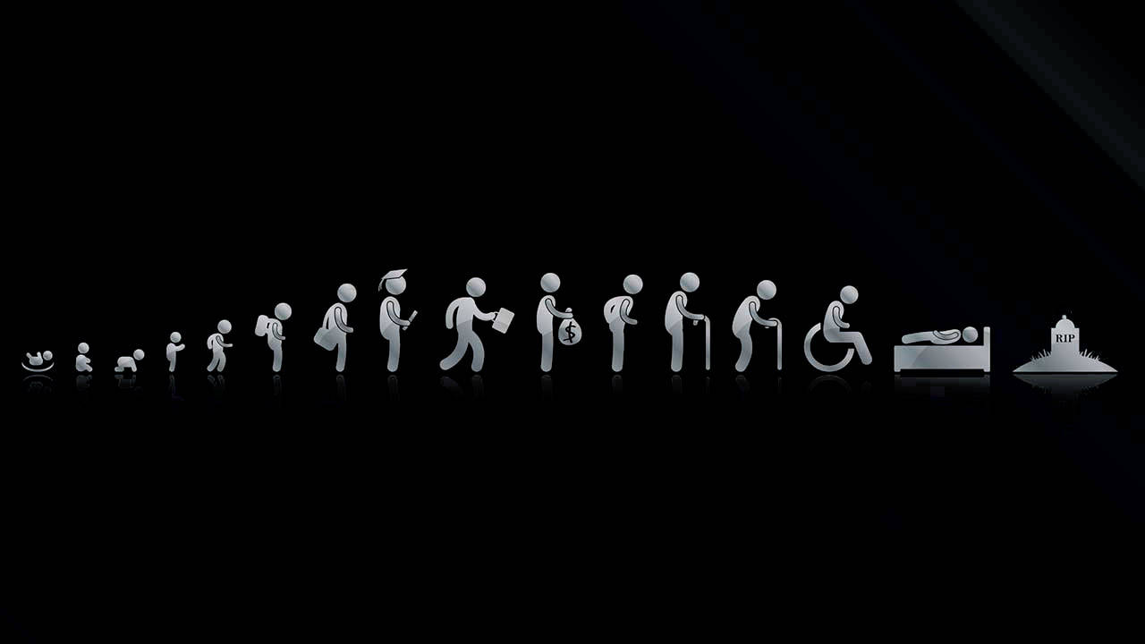 Stickman 桌布 壁紙 — 一個極簡的銀色剪影序列，在黑色背景上展示了從出生到死亡的人生階段。
