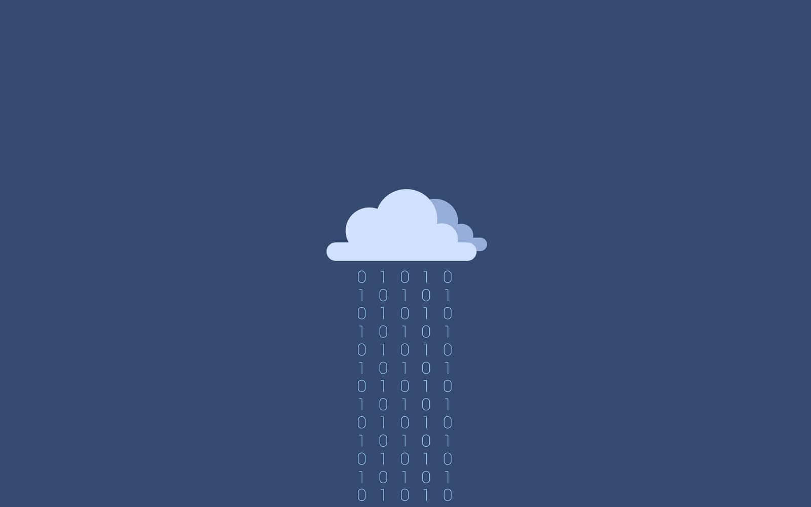 雲朵 桌布 壁紙 — 一個極簡的雲端圖示在純藍色背景上滴落二進位代碼。