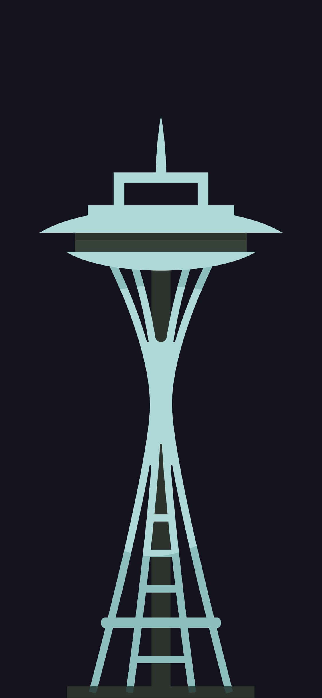 iPhone X Seattle 桌布 壁紙 — 一個極簡的青綠色太空針塔剪影，在深色背景下高高聳立。