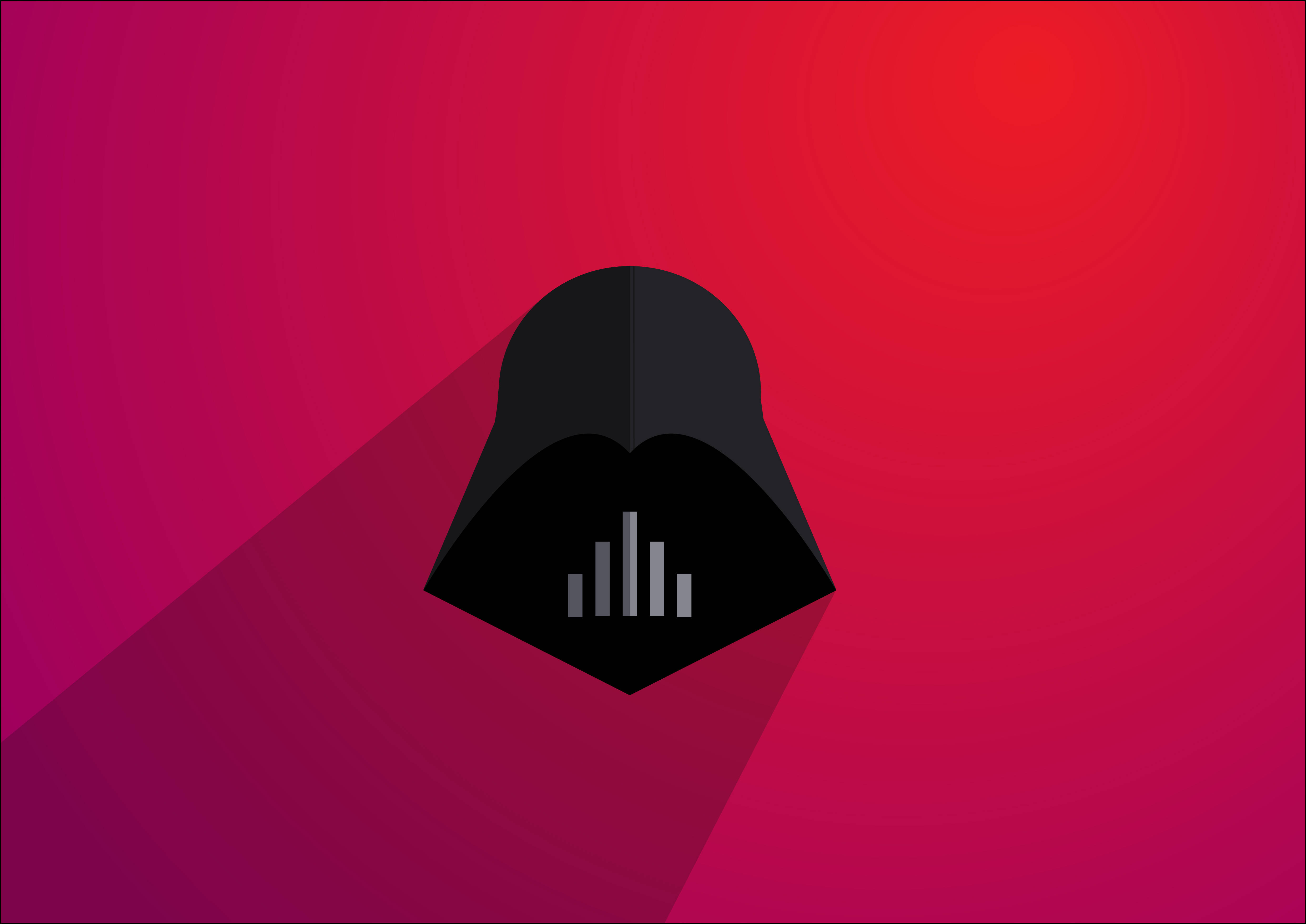 Vader 桌布 壁紙 — 一個極簡的黑武士頭盔圖示在鮮紅和洋紅漸變背景上投下長長的陰影。