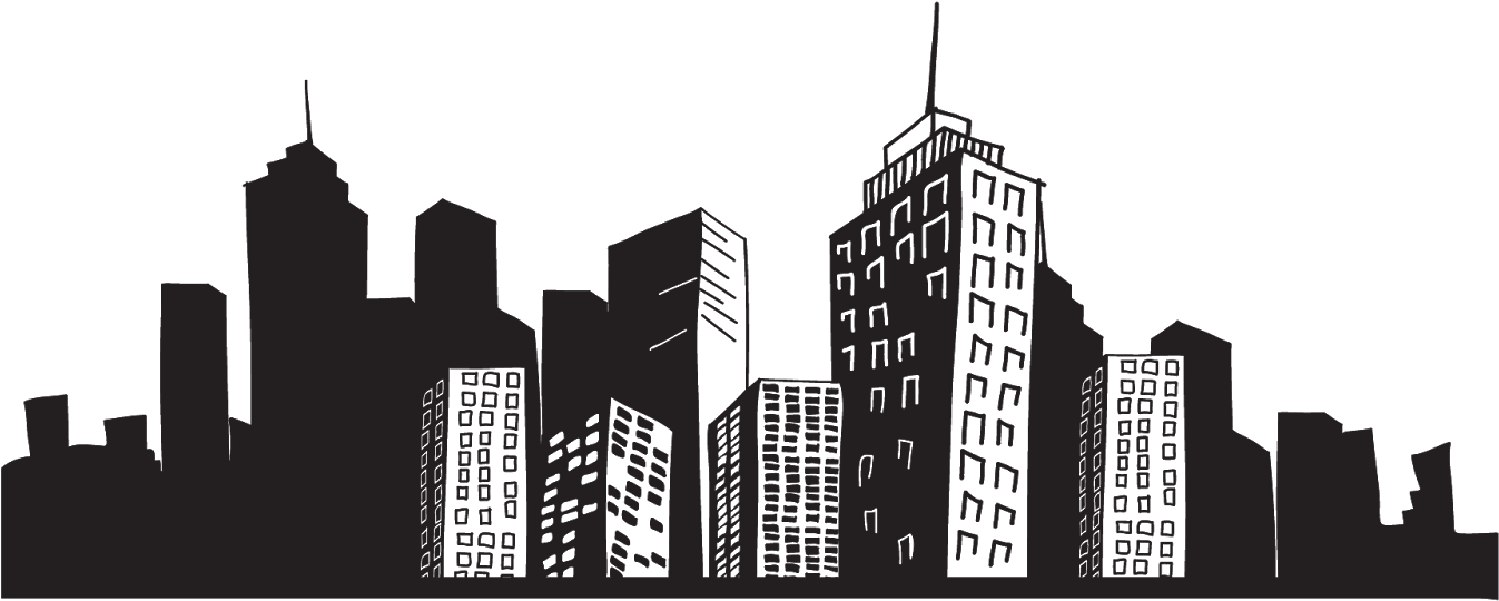 For Picsart 桌布 壁紙 — 一個極簡的黑灰色城市天際線剪影，帶有詳細的建築窗戶，背景為深色。