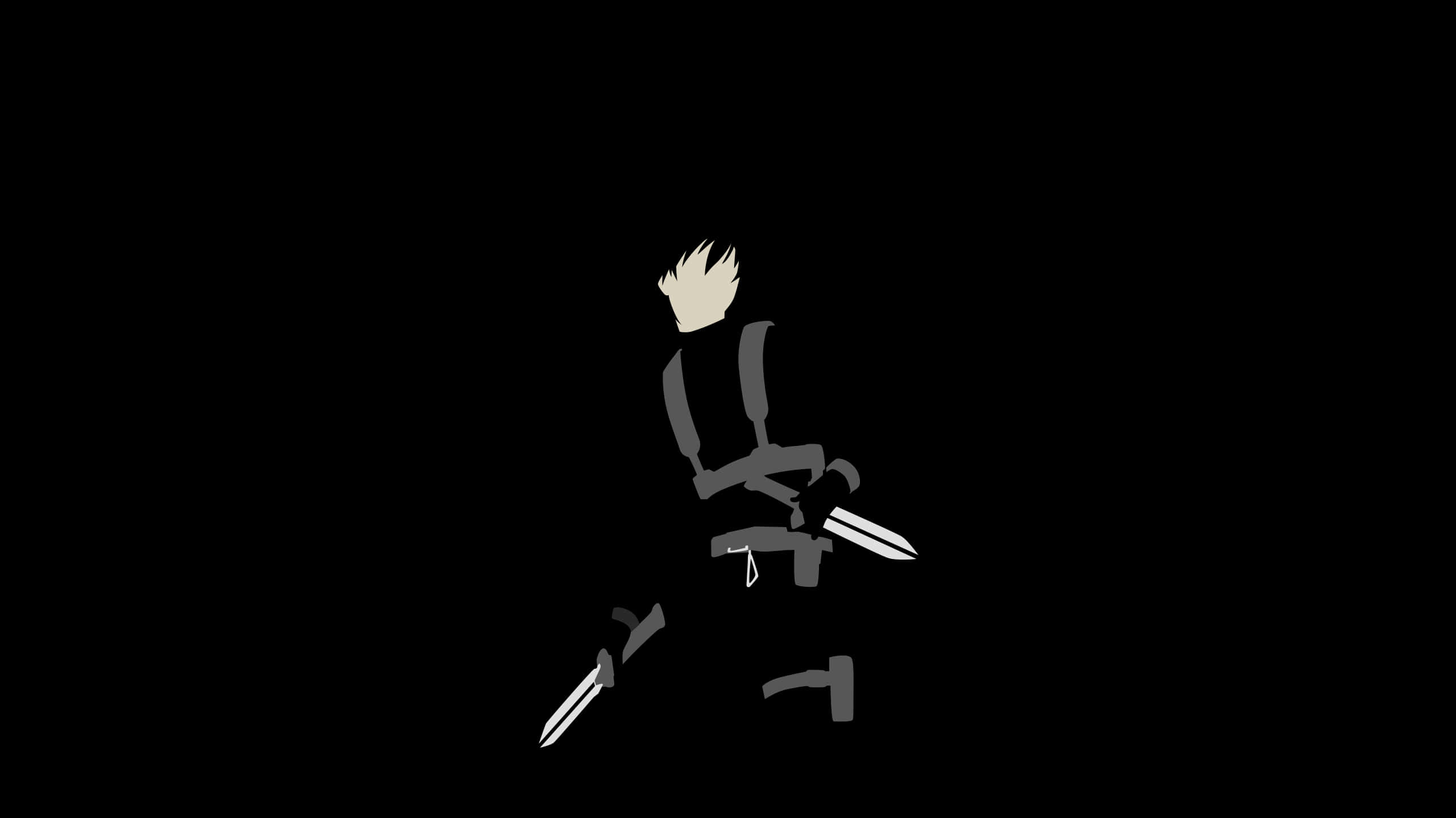 Anime Minimalist 桌布 壁紙 — 一個極簡的黑白剪影，人物有著尖刺頭髮，手持兩把刀，背景為純黑色。