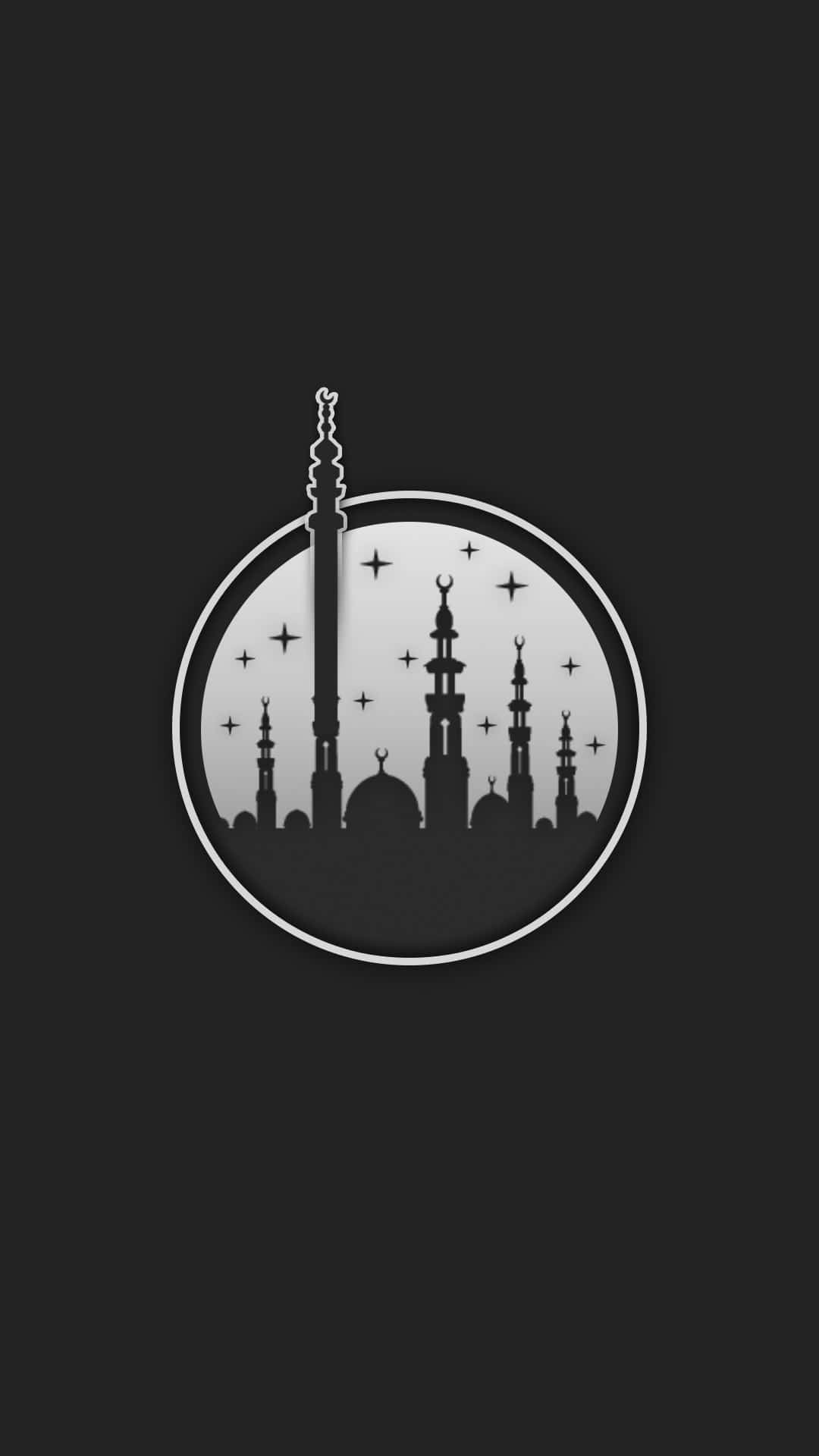 arabic 桌布 壁紙 — 一個極簡的黑白圓形清真寺剪影，帶有宣禮塔和星星，背景為深色。