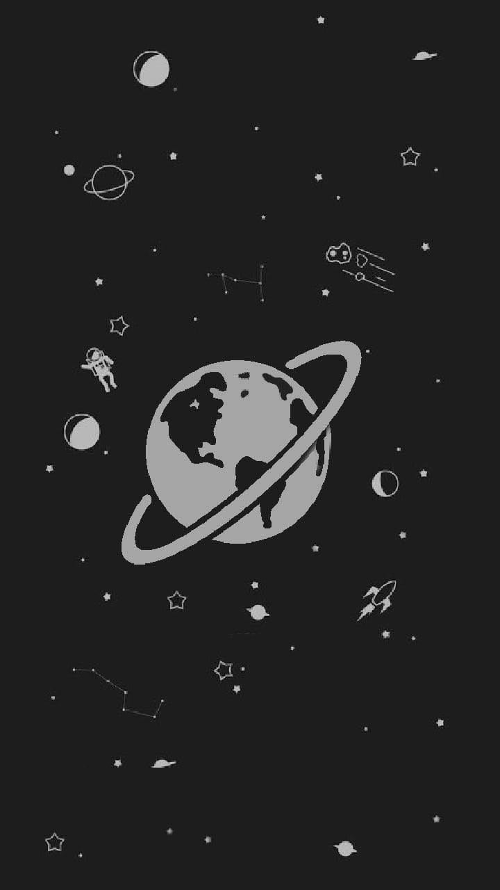 宇宙 桌布 壁紙 — 一個極簡的黑白太空場景，環繞著帶有光環的地球，周圍有星座、火箭和太空人。